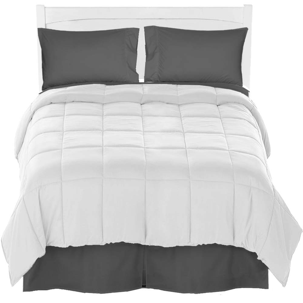 Bare Home Queen Comforter Set - Ultra-Soft Brushed Microfiber Bedding with Sheet Set & Bed Skirt (White Comforter, Grey Sheets & Skirt) - Perfect for Master Bedroom, Guest Room & Cozy Home Decor