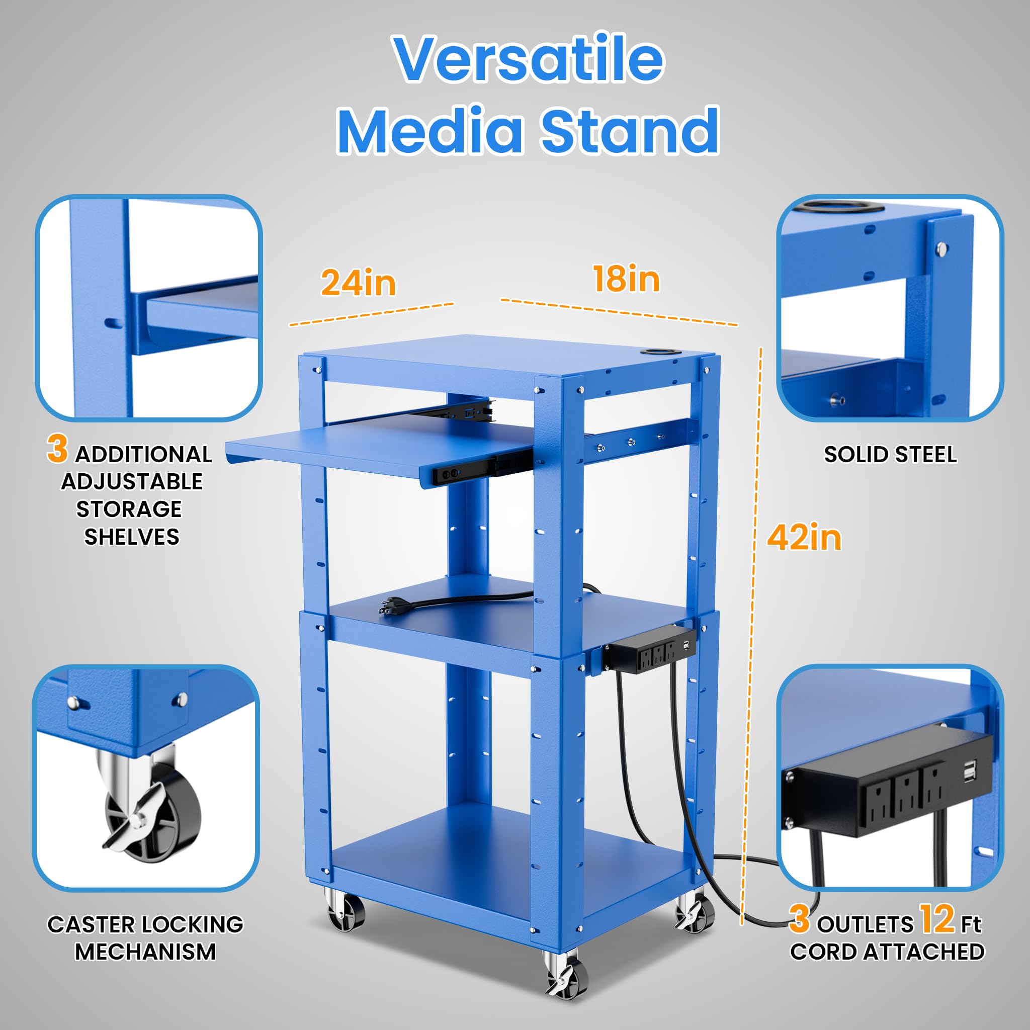 Rolling AV Presentation Cart Stand with Power Strip - Adjustable Shelves, 4 Casters & 16.5ft Cord - Mobile Media Cart for Classrooms, Offices & Events - 3 Outlets, Metal Construction (Blue)