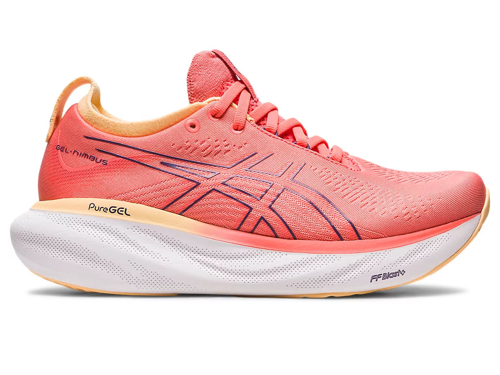 Asics Women's GEL-NIMBUS 25 Running Shoes - Lightweight Cushioned for Long Distance, Neutral Arch Support, Breathable Mesh (Papaya/Dusty Purple) | Perfect for Marathon Training, Jogging & Gym Workouts