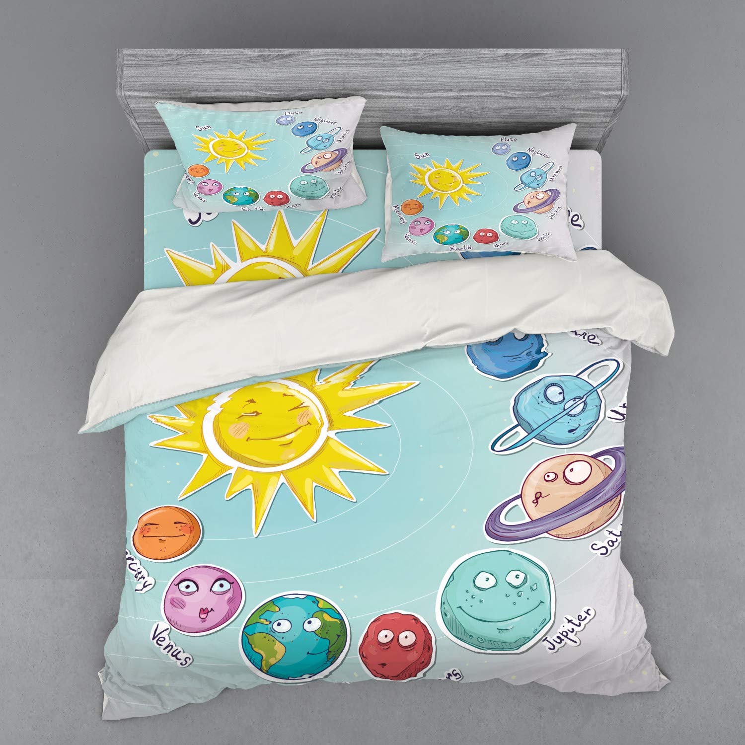 Ambesonne Space Themed Bedding Set - 3 Piece Duvet Cover with Sham & Fitted Sheet, King Size, Solar System Planets & Celestial Chart Design, Multicolor - Perfect for Kids' Rooms, Astronomy Lovers & Themed Bedrooms