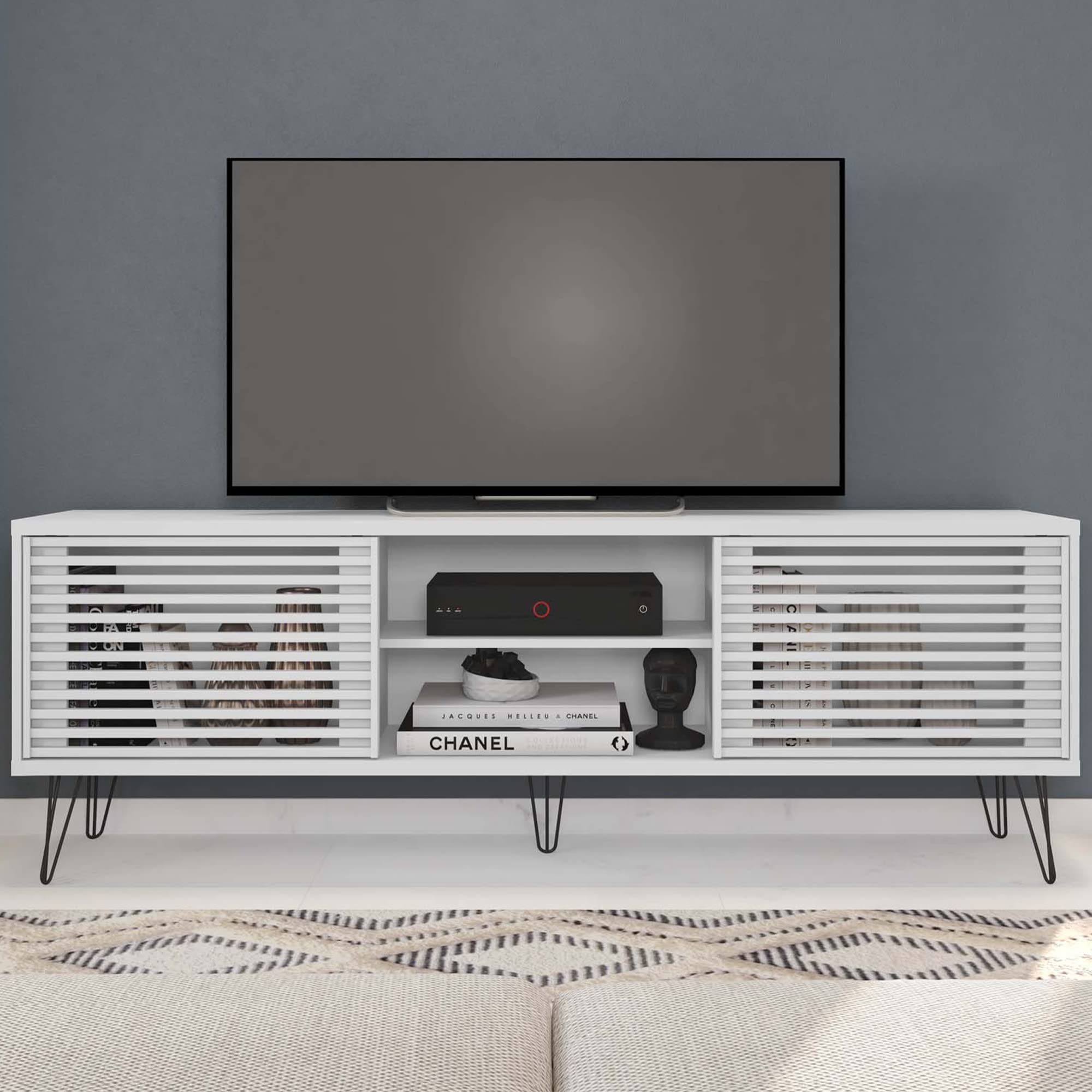 Better Home Products 70 Inch Mid-Century Modern TV Stand - White Wooden Entertainment Center for Living Room, Bedroom & Home Theater