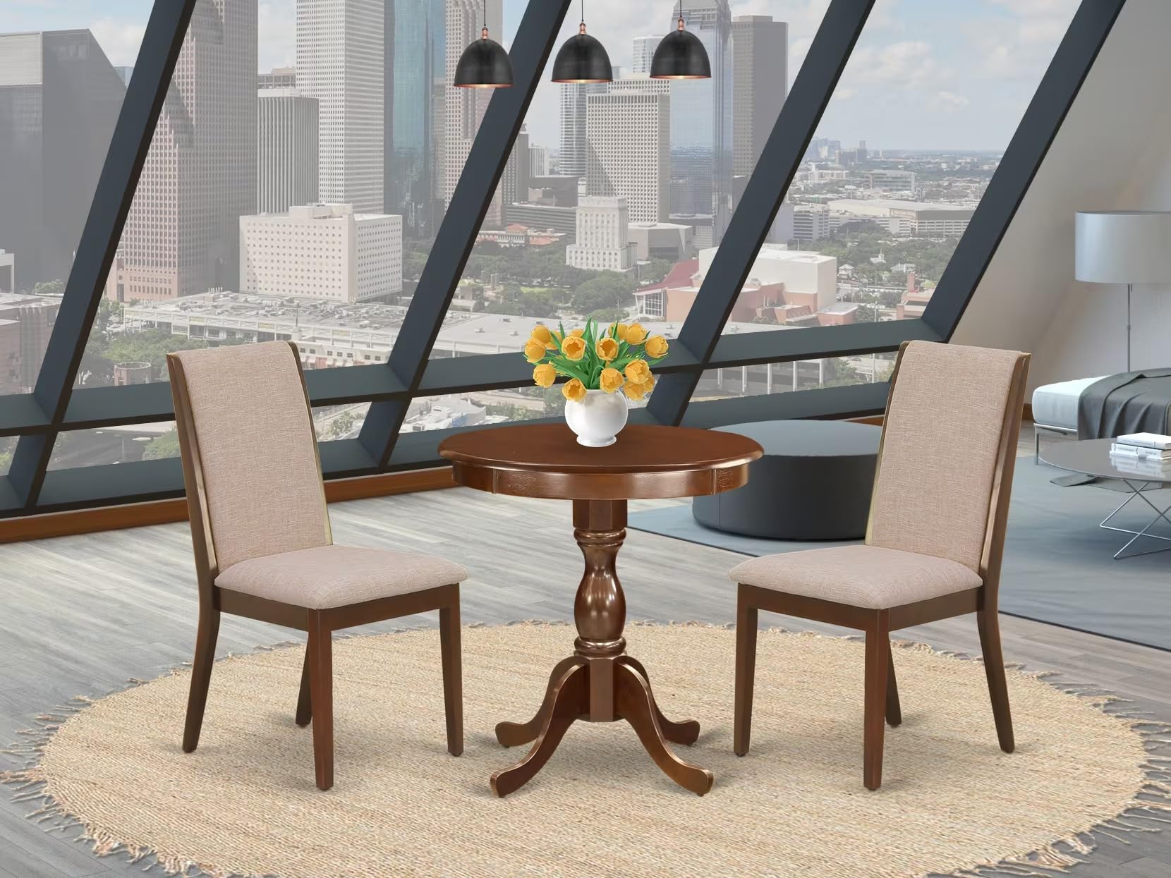 East West Furniture ESLA3-MAH-04 3-Piece Round Kitchen Dining Table Set with Pedestal Base & 2 Linen Parsons Chairs, 30x30 Inch, Mahogany Finish – Perfect for Small Spaces, Breakfast Nooks & Cozy Apartments