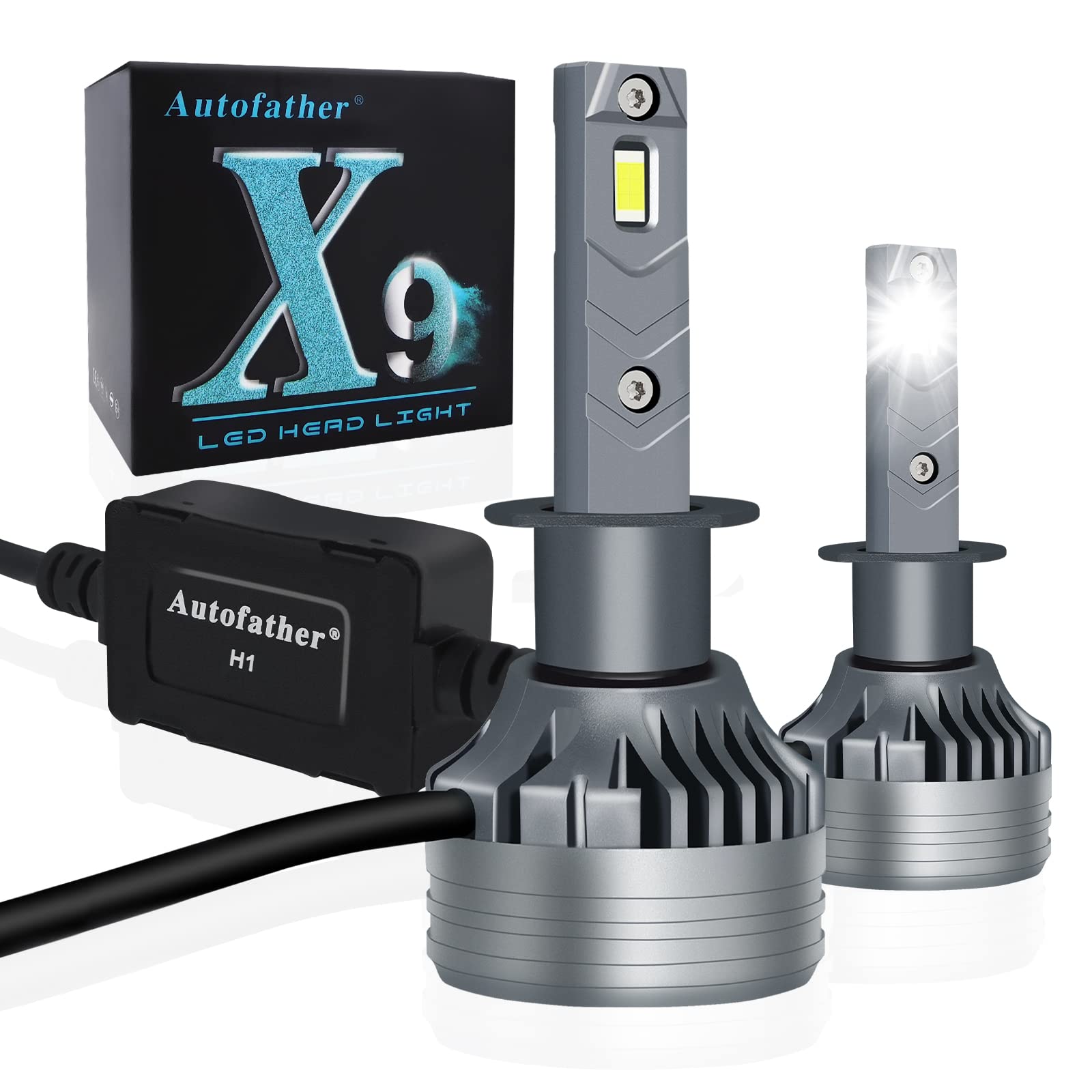 Autofather H1 LED Headlight Bulb - 80W 20000LM 6500K Cool White All-in-One Conversion Kit - High/Low Beam Headlamp with Fan & IP68 Waterproof - Plug & Play - Pack of 2 - Perfect for Cars, Trucks, SUVs & Off-Road Vehicles