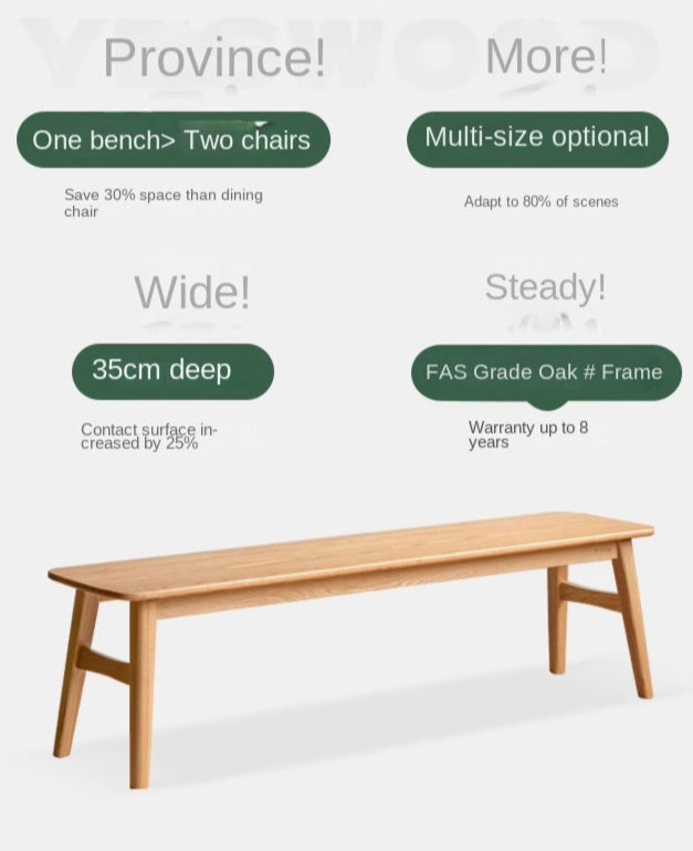 Solid Oak Wood Modern Long Bench - Stylish & Durable Entryway, Dining, or Living Room Seating Furniture