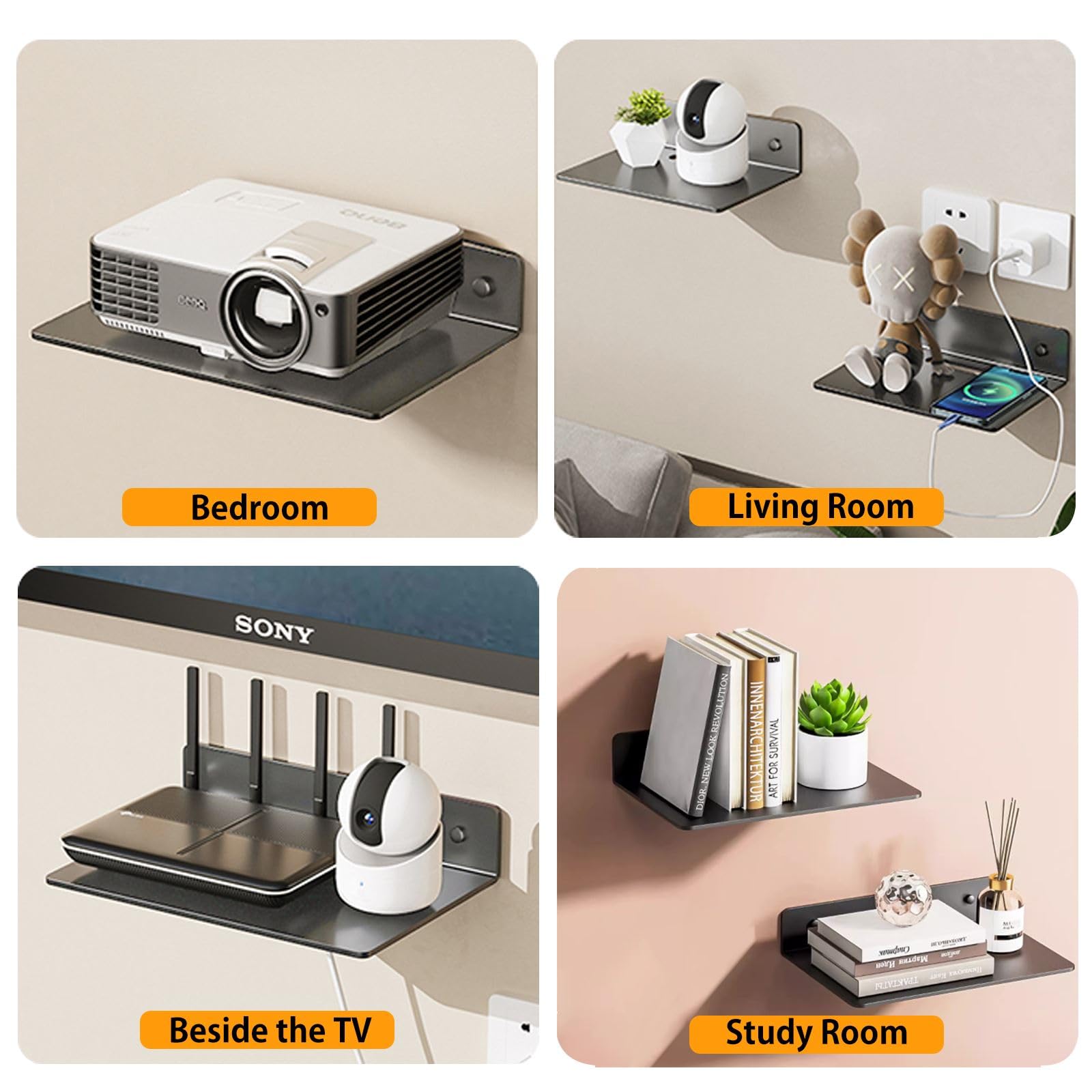 Drill-Free Floating Metal Projector Wall Mount Shelf - Universal No Drilling Projector Stand for Home Theater, PlayStation, Router & Cable Box (Black/Gray) | Space-Saving Media Organizer for Living Room & Bedroom