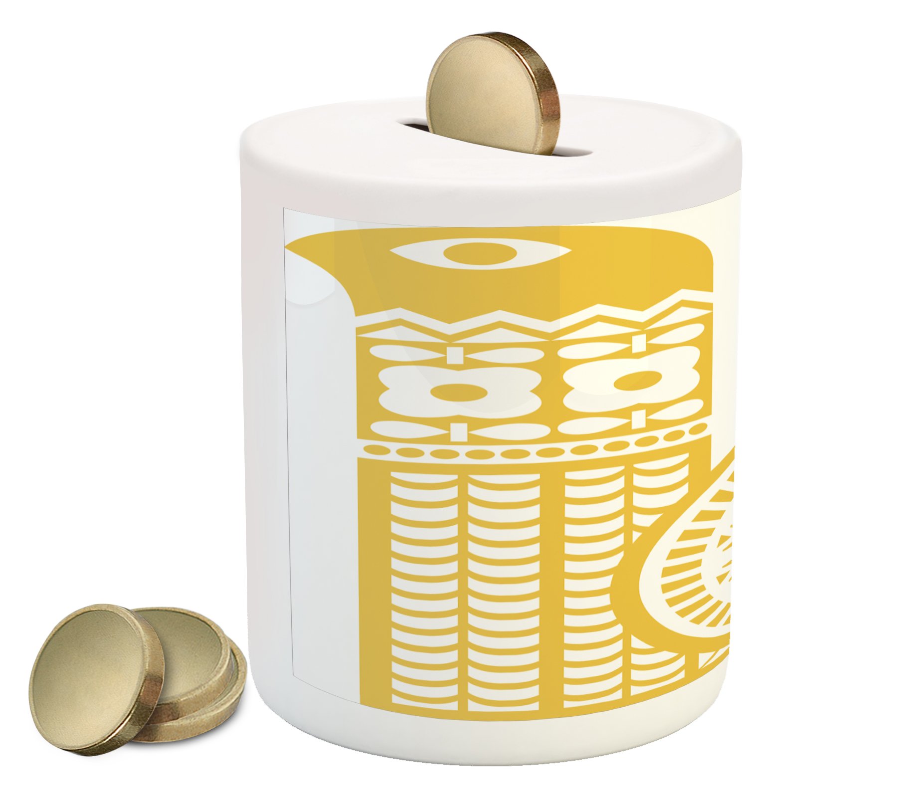 Ambesonne Ceramic Piggy Bank - Yellow & White Scandinavian Folkloric Style with Abstract Bird Floral Design | Money Saving Coin Bank for Kids & Adults | Perfect for Home Decor, Birthday Gifts & Cash Savings