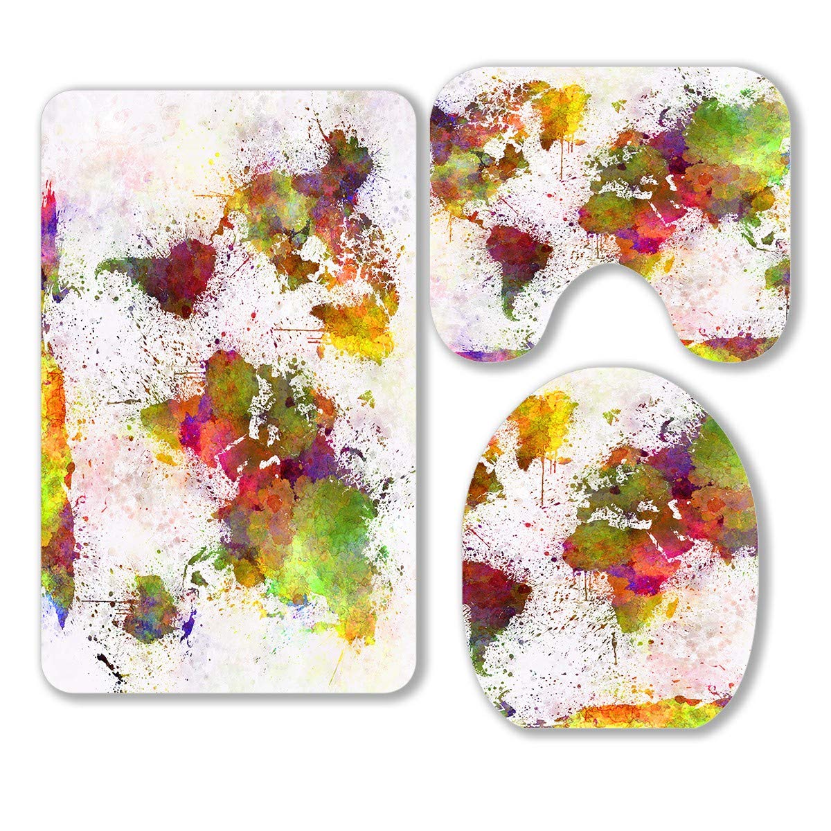 Watercolor World Map Abstract Splatter 3-Piece Bathroom Rug Set - Non-Slip Contour Mat & Toilet Lid Cover - Soft Absorbent Microfiber for Modern Home Decor (Bath Mat, Toilet Cover, Floor Mat)