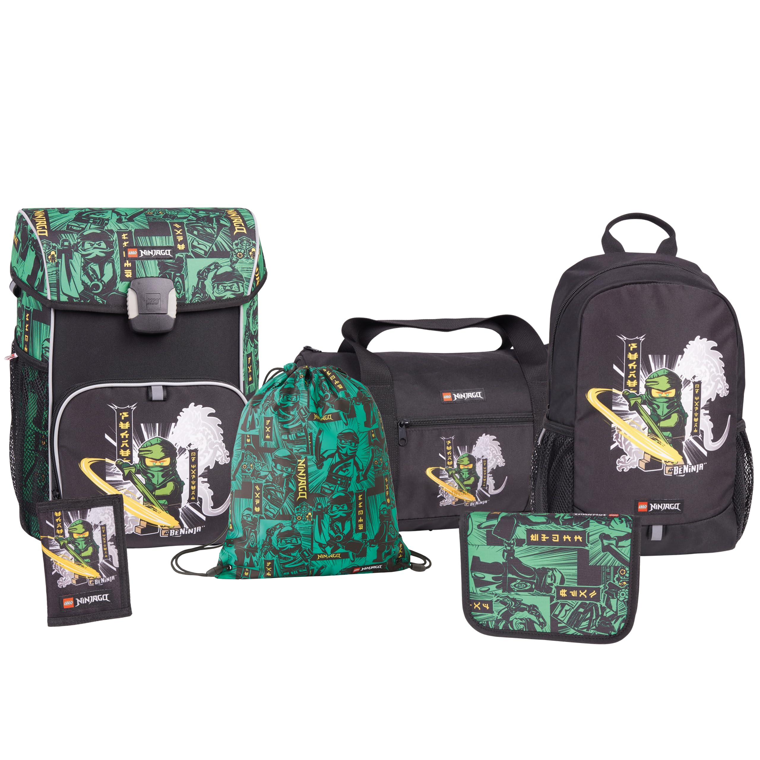 SKANDO BAGS Lego NINJAGO Backpack Set for Boys & Girls from 1st Grade (6 Years Old) - 6-Piece School Essentials: Backpack, Pencil Case (Pre-filled), Gym Bag, Small Backpack, Wallet & Sports Bag - Green | Perfect for School, Travel & Outdoor Activities
