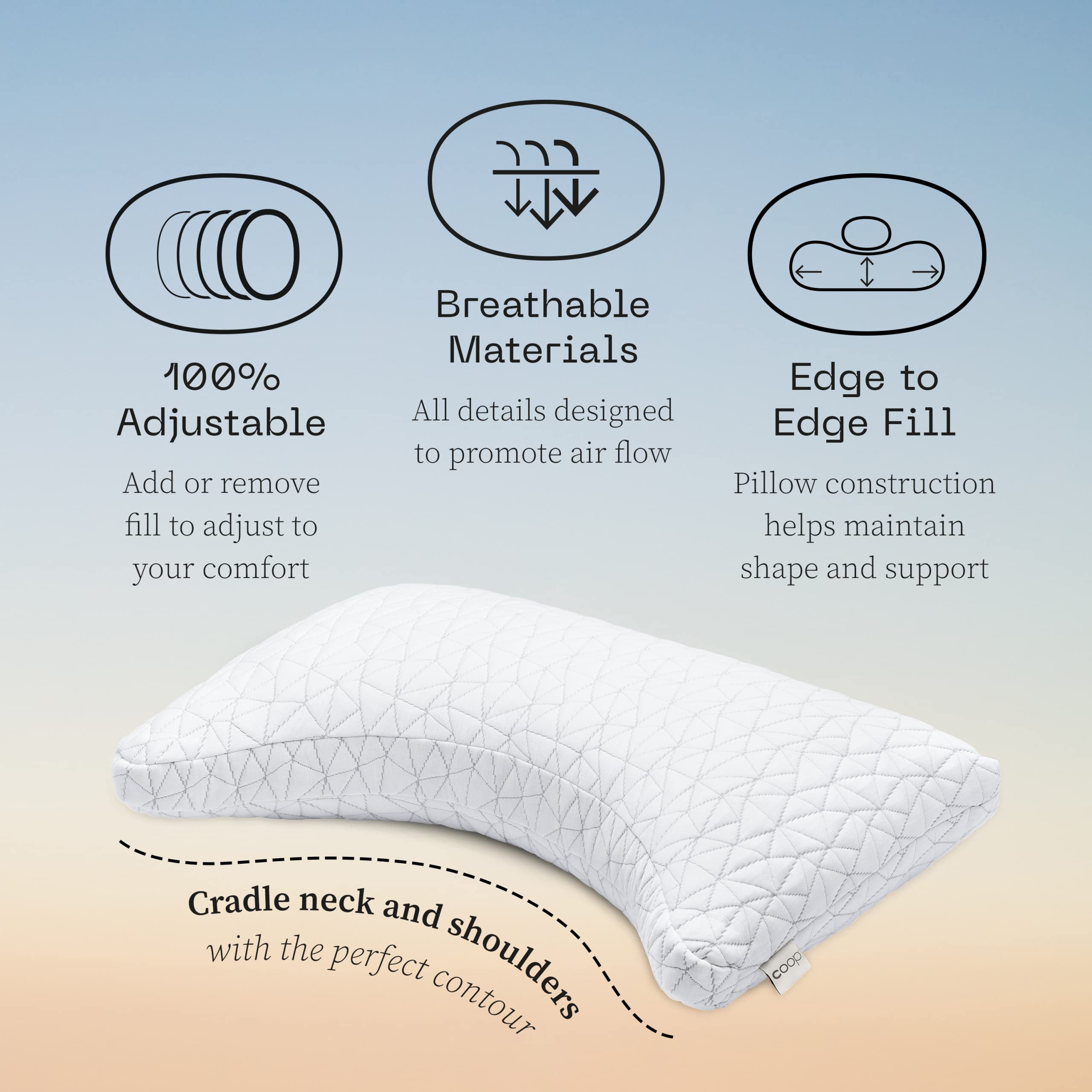 Coop Home Goods Original Crescent Adjustable Pillow - Queen Size Memory Foam Pillow for Shoulder, Neck & Head Support - Medium Firm Orthopedic Pillow for Back & Side Sleepers - CertiPUR-US & GREENGUARD Gold Certified - Perfect for Home, Office & Travel Use