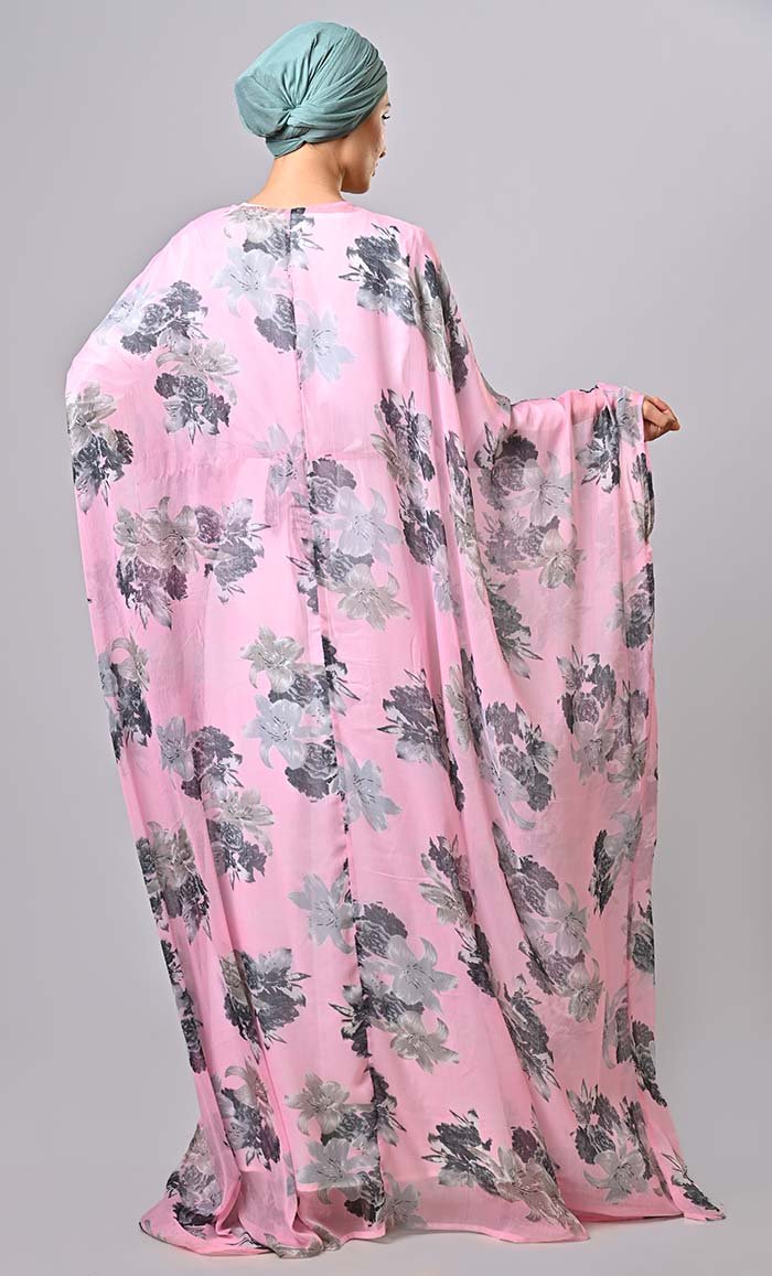 Elegant Pink Floral Printed Kaftan Abaya with Lining & Tassels - Modest Muslim Dress for Women, Perfect for Eid, Prayer, Wedding & Special Occasions