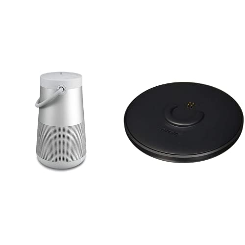 Bose SoundLink Revolve+ (Series II) Wireless Bluetooth Speaker - IPX4 Water Resistant, 17-Hour Battery, Built-in Handle - Perfect for Outdoor Adventures, Pool Parties & Travel (Silver) with Charging Cradle (Black)