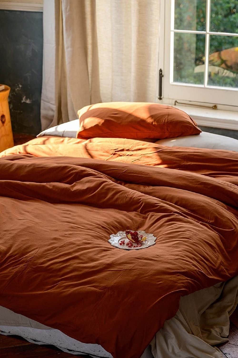 Burnt Orange Washed Cotton Duvet Cover Set - Soft Bohemian Style Bedding for Queen/King/Twin Size - Perfect for Cozy Bedroom Decor & Boho Chic Home Styling
