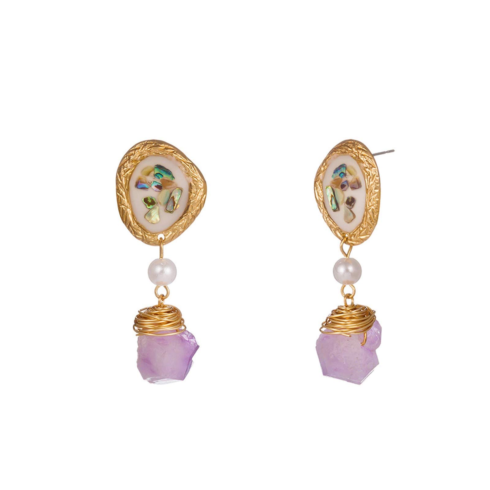 Handmade Gold Thread Woven Shell Earrings with Colorful Stones - Purple Titanium Hoop Earrings for Women | Boho Beach Wedding Party Jewelry Gift