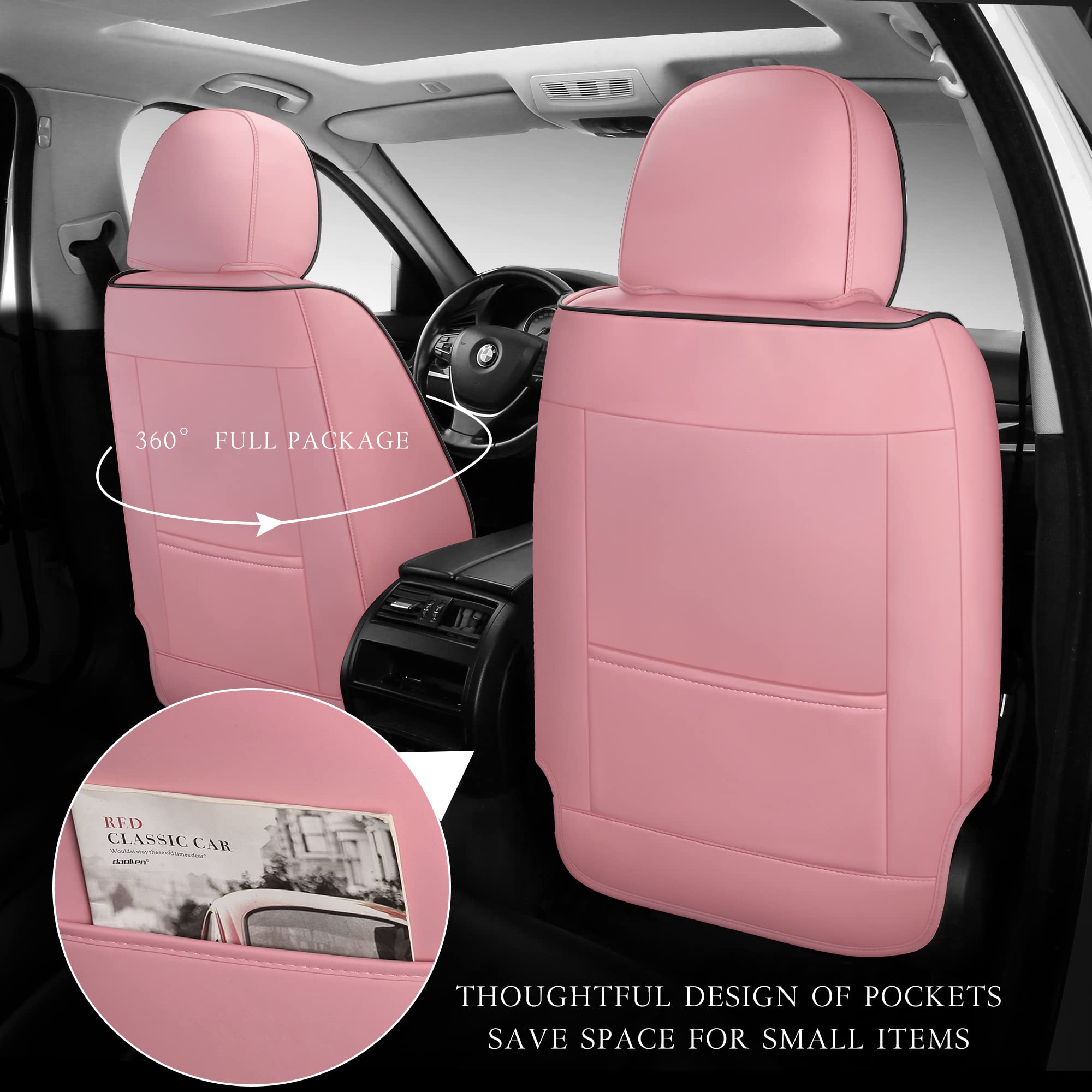 Quiln02 Universal Leather Car Seat Covers - 5-Piece Set Fits Most Cars, SUVs & Pickup Trucks | Airbag Compatible | Black & Pink | Premium Protection & Style for Daily Commute, Road Trips & Family Travel