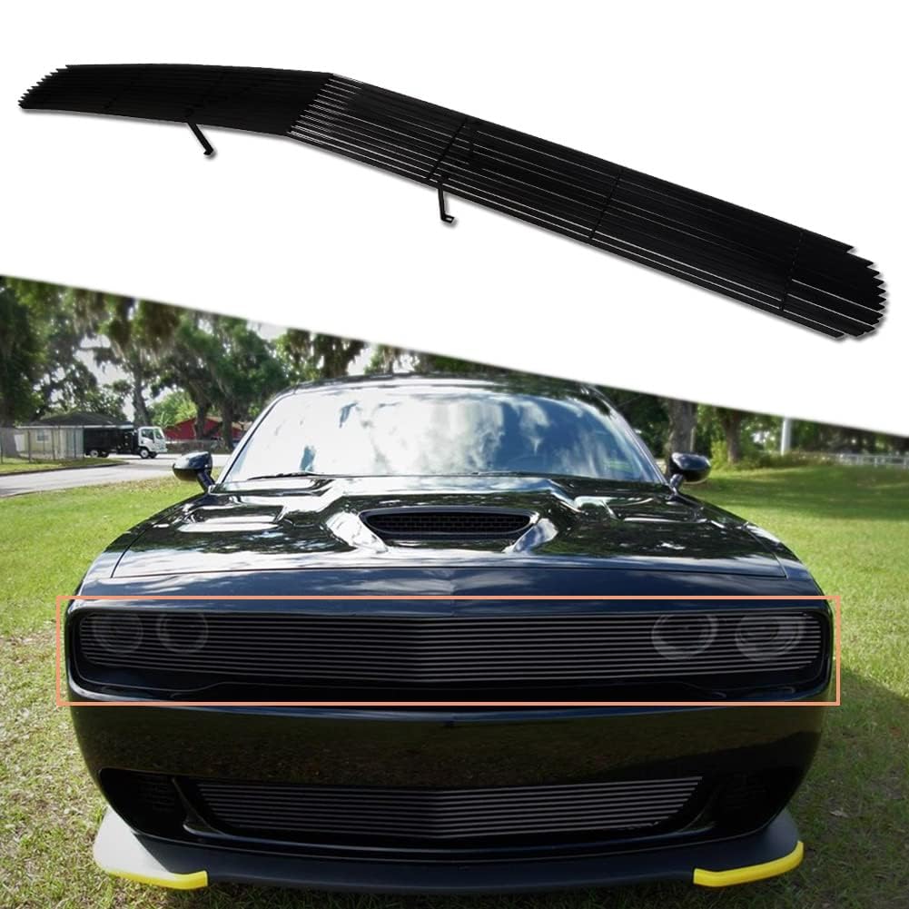 Black Powder Coated Front Billet Grille Insert for 2015-2021 Dodge Challenger Phantom - Upper Main Grille Replacement | Enhances Vehicle Style & Protection for Street & Show Cars