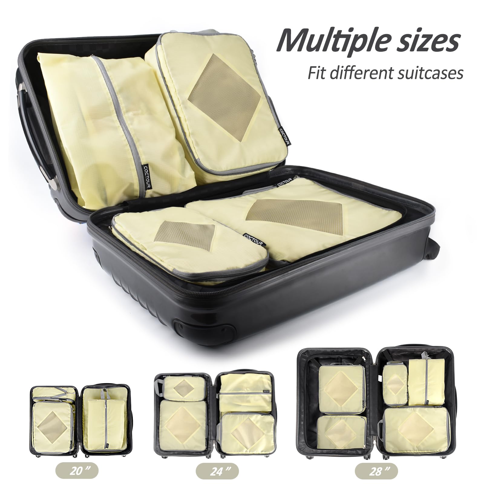 5-Piece Lightweight Compression Packing Cubes Set for Travel - Expandable Luggage Organizers with Compression Zippers, Suitcase Storage Bags (Beige/Yellow) | Perfect for Business Trips, Family Vacations & Weekend Getaways