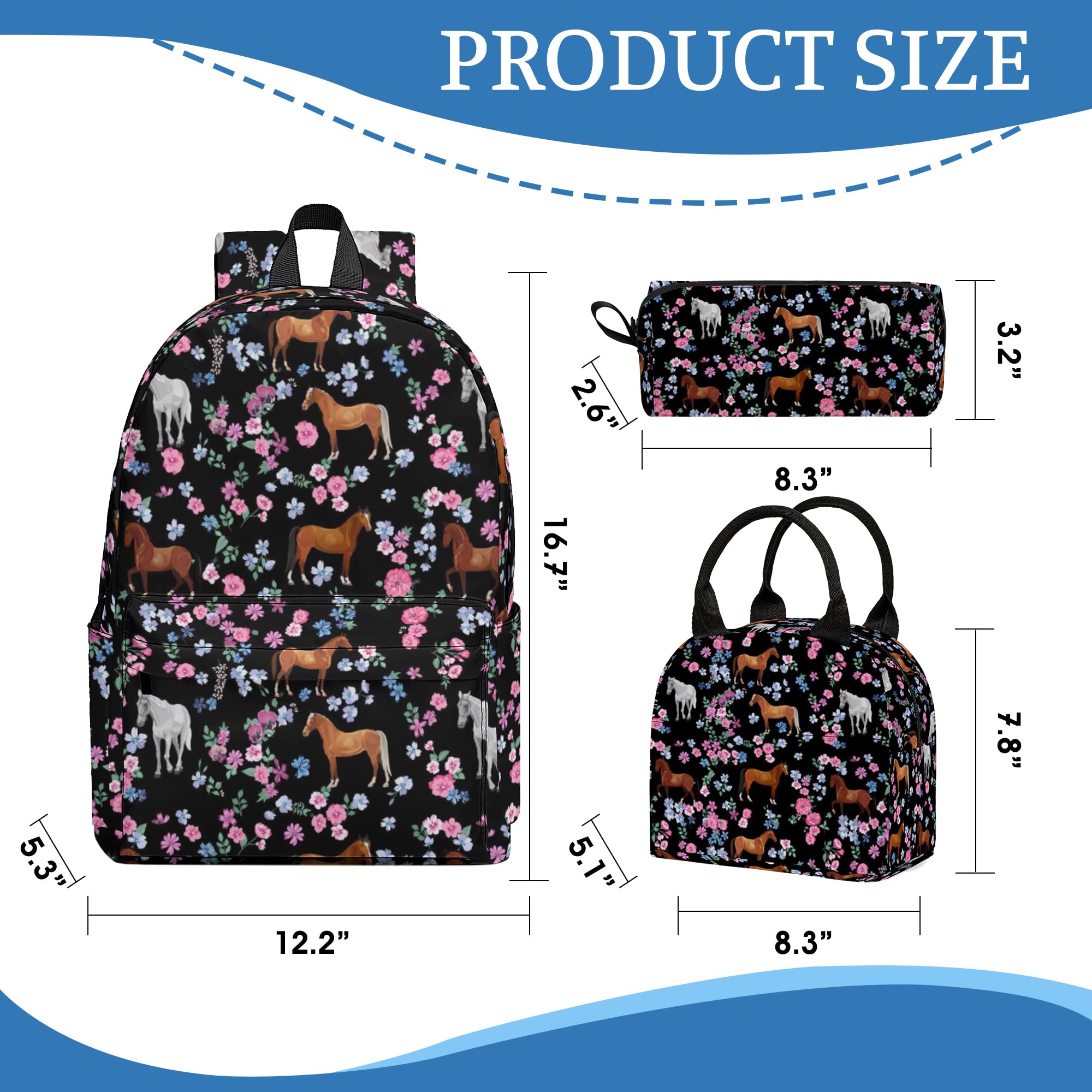 3PCS Kids Backpack Set for Boys & Girls - School Backpack with Lunch Bag & Pencil Case for Elementary & Middle School Students | Durable Bookbag for Teen Students, Perfect for School, Travel & Daily Use (Flower Horse Design)