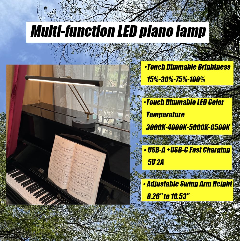 **LED Piano Lamp with Adjustable Color Temperature & Dimmable Brightness - USB A & C Charging, Eye-Caring Light for Reading, Working & Night Use - Black & Antique Brass Desk Lamp for Musicians & Students**
