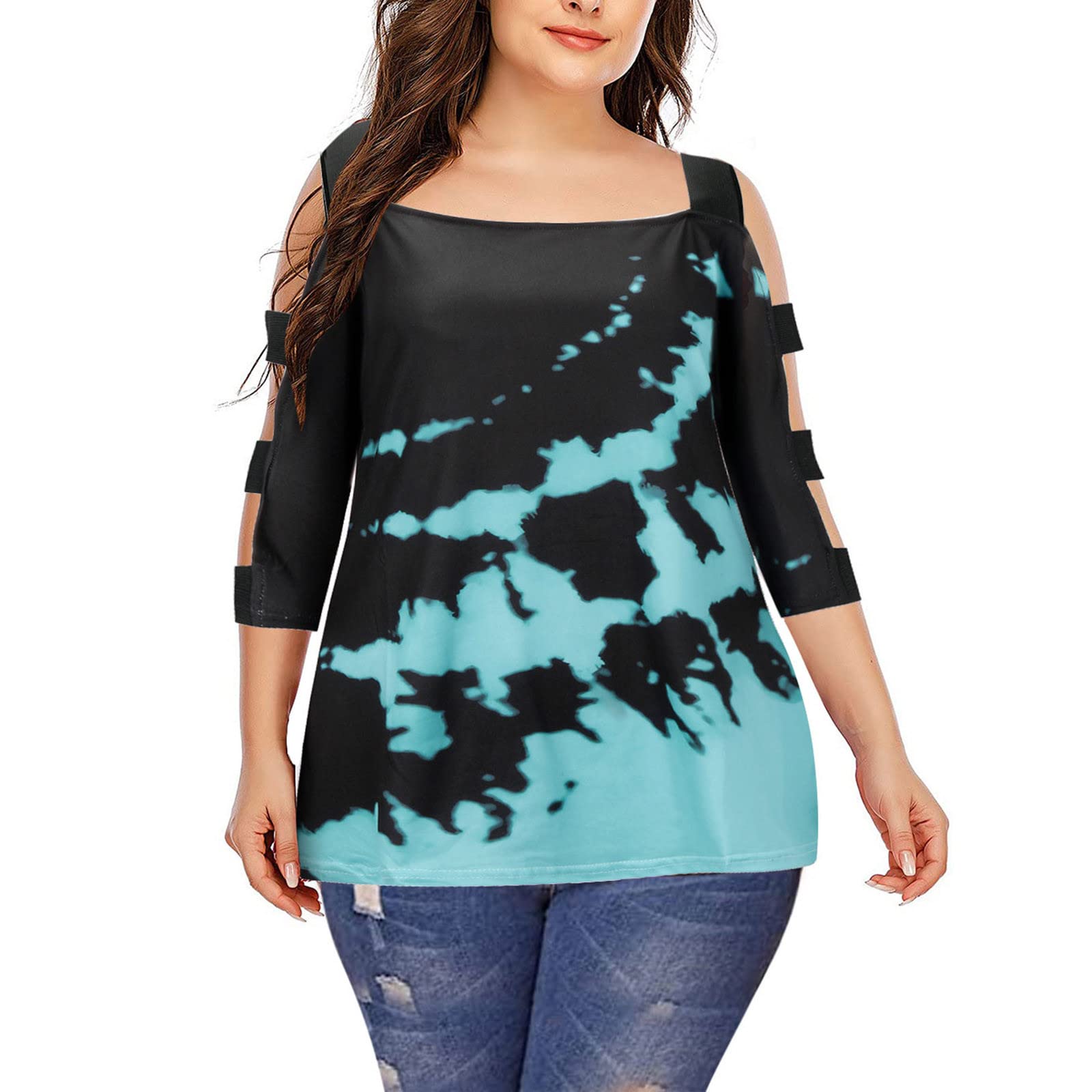 Women's Fashion Casual Round Neck Plus Size Cutout Print T-Shirt - Summer Blouse for Everyday Wear, Office & Outings