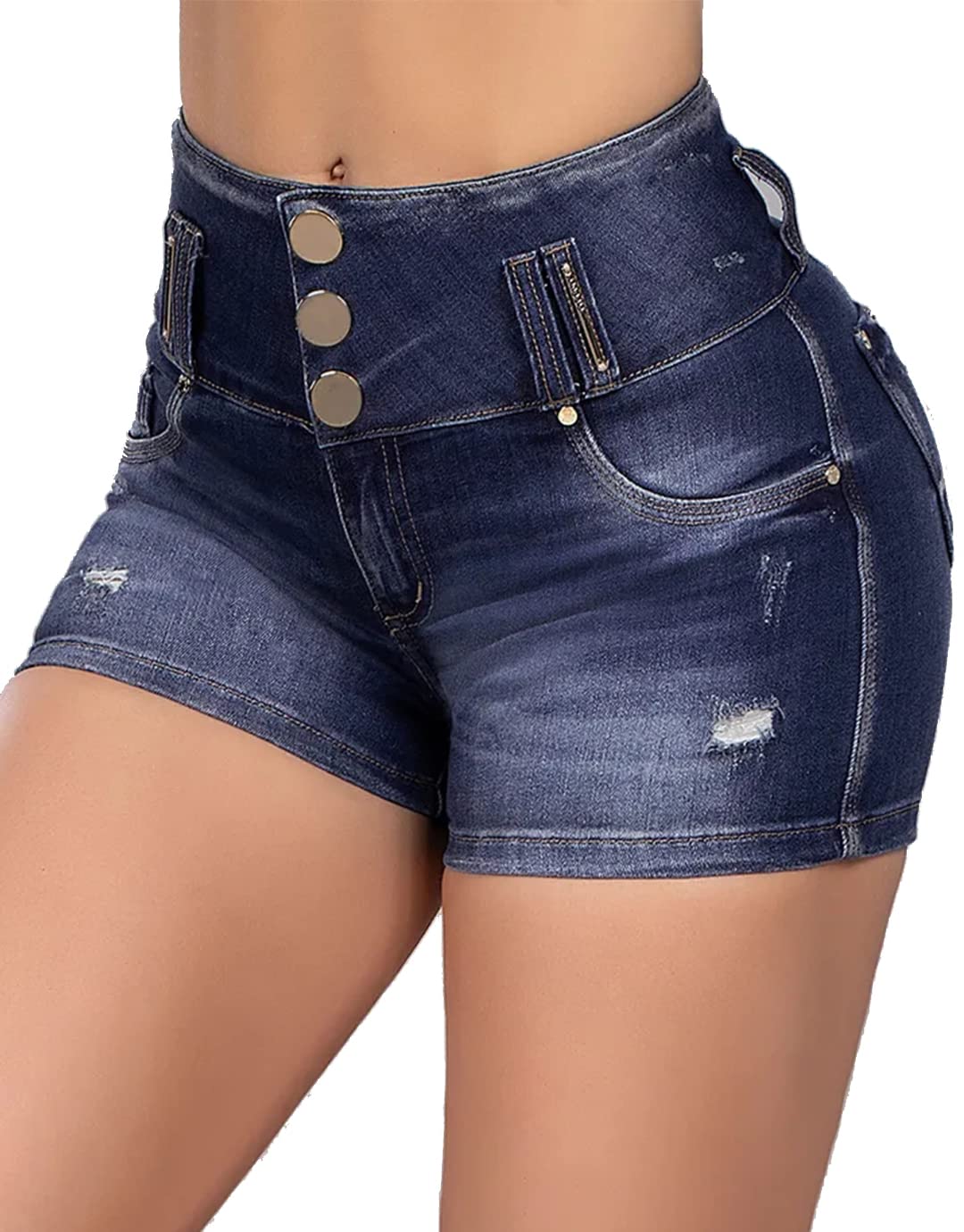 Flamingals Women's High Waist Butt Lifting Denim Shorts with Pockets - Raw Ripped Frayed Hem Jeans for Casual Wear & Summer Outfits
