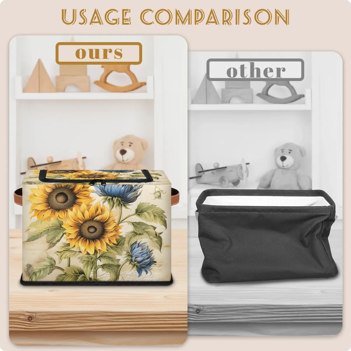 Collapsible Stackable Fabric Storage Bins with Lids - Sunflower Floral Design Closet Organizer for Clothes, Toys, Blankets & Home Organization | Perfect for Bedroom, Nursery, Playroom & Dorm Storage