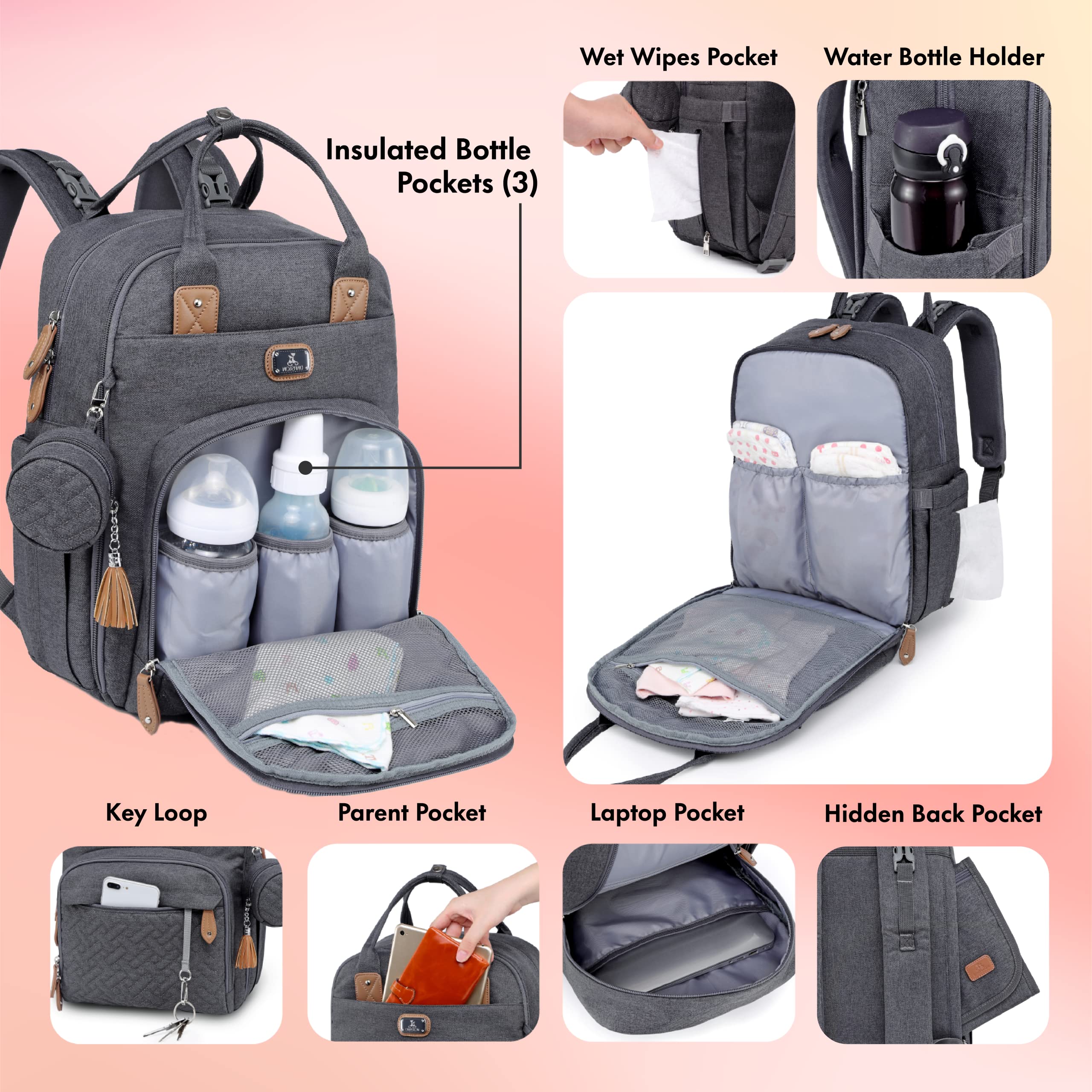 Waterproof Diaper Bag Backpack for Baby Essentials - Includes Changing Pad, Pacifier Case & Stroller Straps | Perfect for Travel, Daycare & On-the-Go Parents