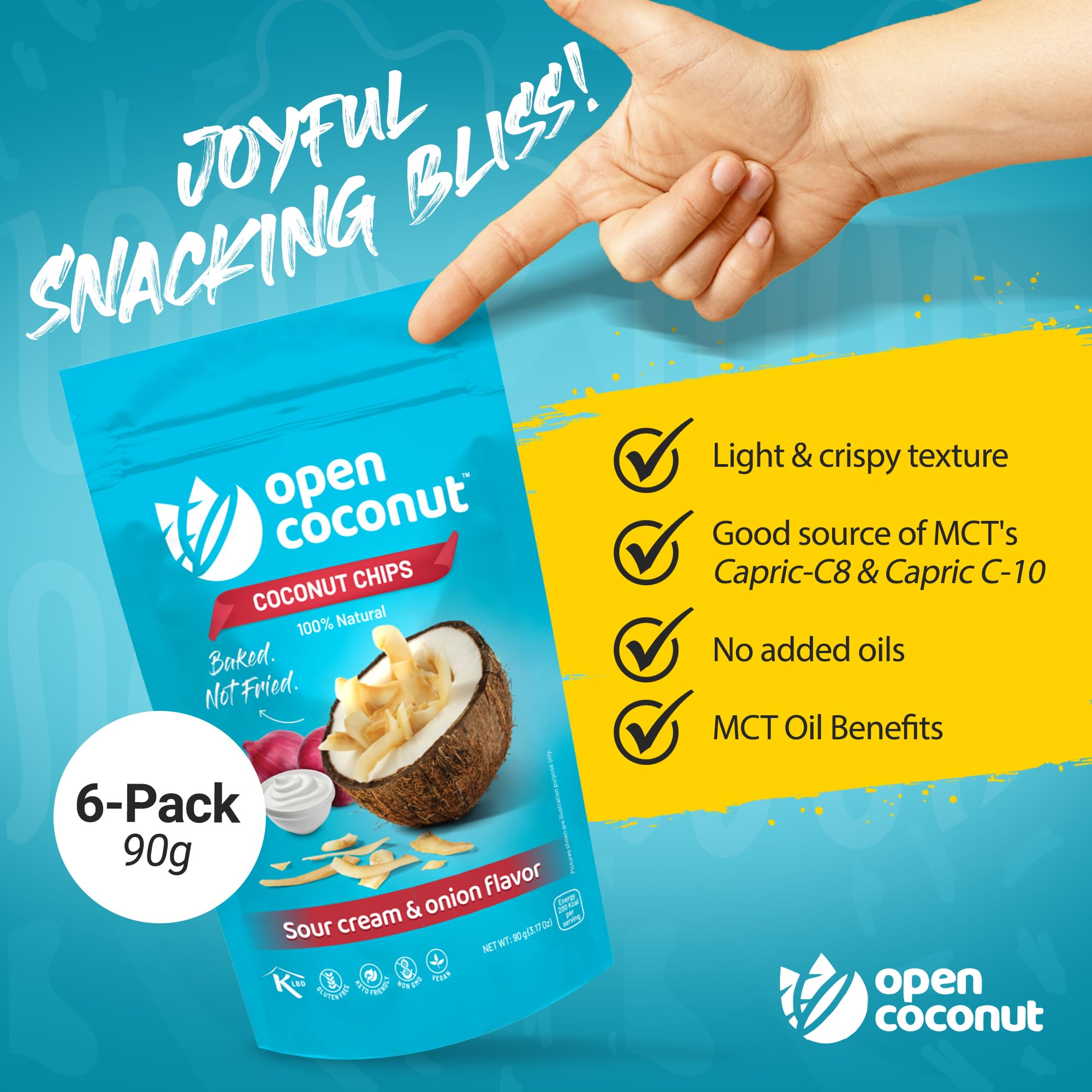 OPEN COCONUT Toasted Coconut Chips - Baked Sour Cream & Onion Flavor | Gluten Free Healthy Snack | 3.17 Oz Pack | Perfect for On-the-Go, Office Snacking & Keto Diet