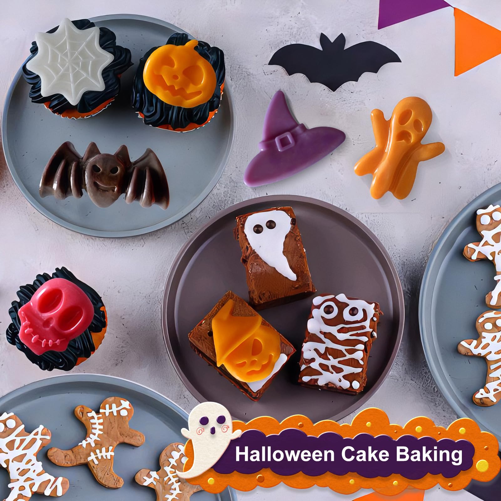 (2 Pack) Halloween Silicone Molds - Pumpkin, Bat, Skull & Ghost Shapes for DIY Soap, Candle, Chocolate, Jelly & Fondant - Non-Stick Baking Molds for Spooky Treats & Party Decorations
