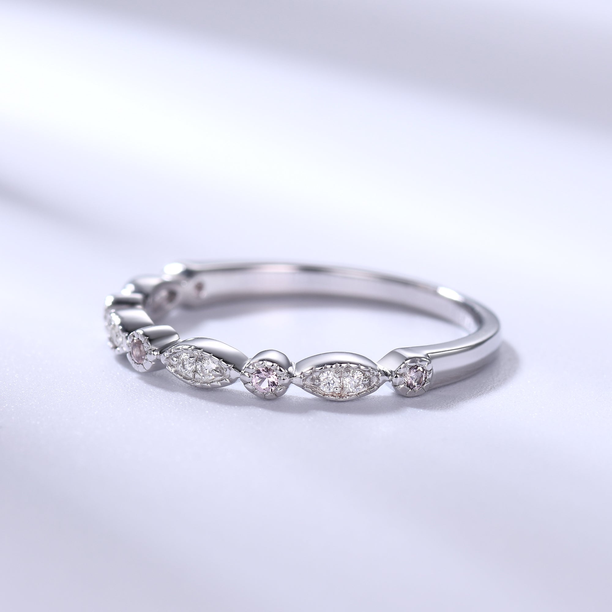 Exquisite Pink Sapphire & Diamond Wedding Ring - 14K Solid White Gold Half Eternity Band for Women | Perfect Anniversary, Engagement & Bridal Jewelry Gift for Her | Elegant for Weddings, Date Nights & Special Occasions