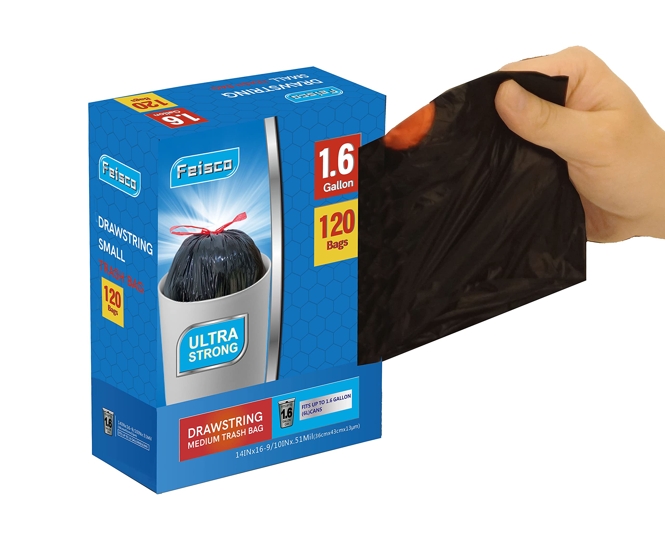 Feisco 1.6 Gallon Black Trash Bags - 120 Count Drawstring Kitchen Garbage Bags, 0.51 Mil Thick Small Trash Can Liners for Bathroom, Office & Bedroom Waste Disposal