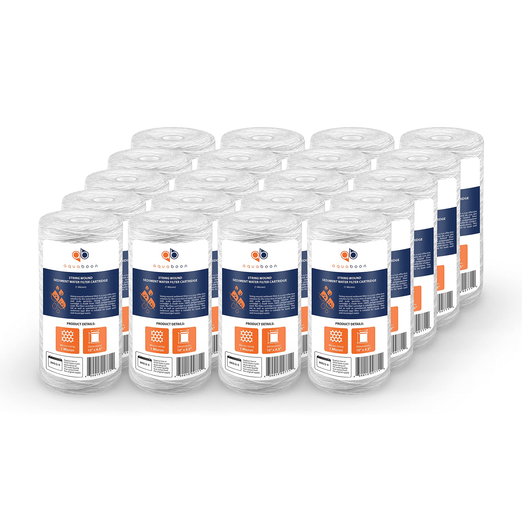 Aquaboon 10x4.5 Inch 1 Micron String Wound Water Filter Cartridge - 20 Pack Replacement for Whole House Filtration Systems, Compatible with WP5BB97P, WP10BB97P, AP810 - Perfect for Well Water, Sediment Removal & Clean Drinking Water