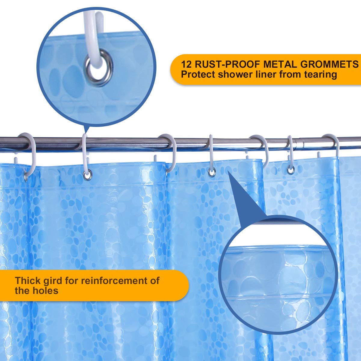 WELTRXE EVA Shower Curtain Liner - 72x72 Inch 3D Blue Pebble Design, Clear Plastic Bathroom Shower Liner with Weighted Magnets & 12 Hooks, 8G Thick Heavy Duty Waterproof Shower Curtain for Shower Stall or Bathtub - Perfect for Modern Bathrooms & Spa-Like Showers