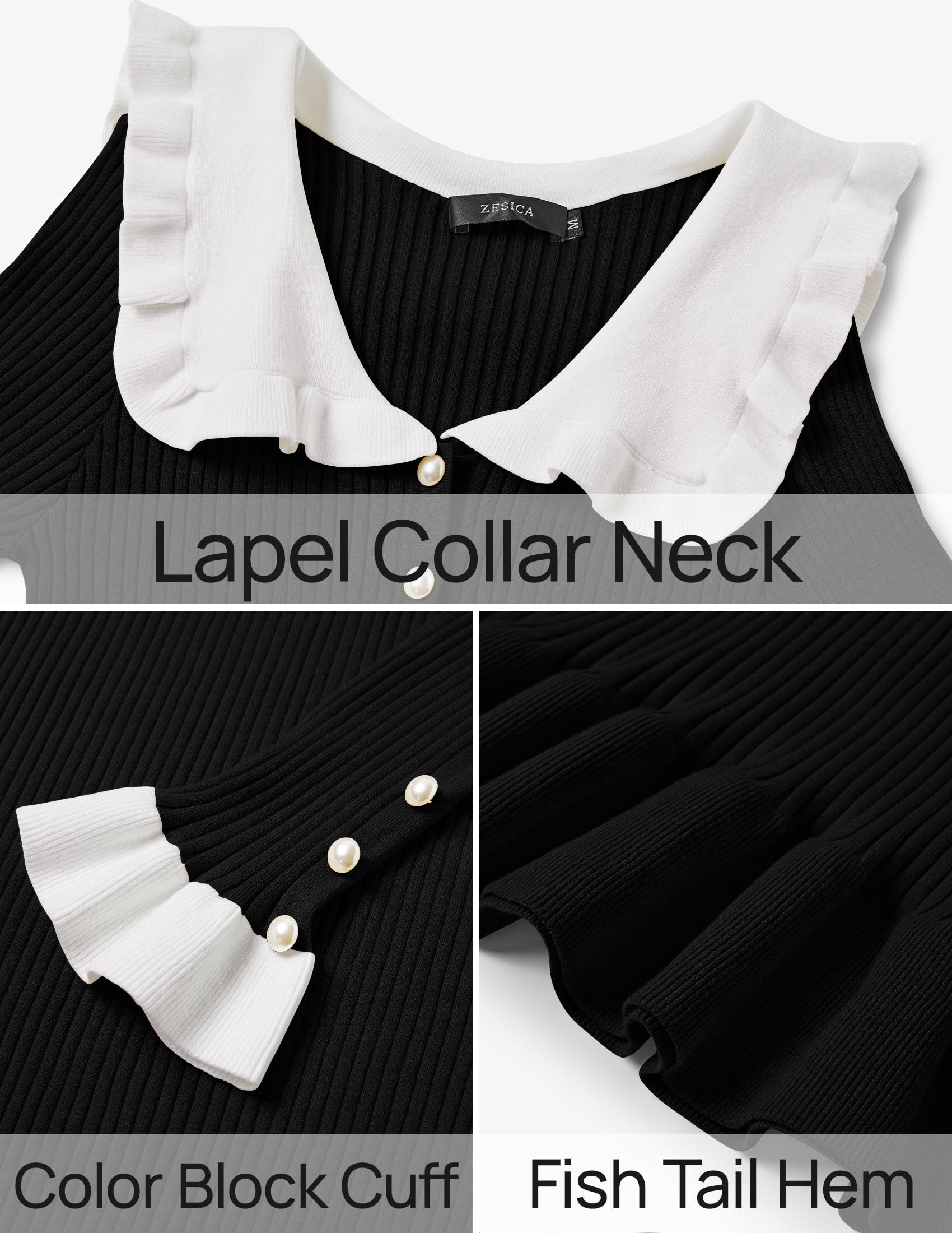 ZESICA Women's Long Sleeve Sweater Dress 2025 Spring Lapel Collar Button Elegant Casual Midi Bodycon Dresses for Work, Date Night & Fall Outfits