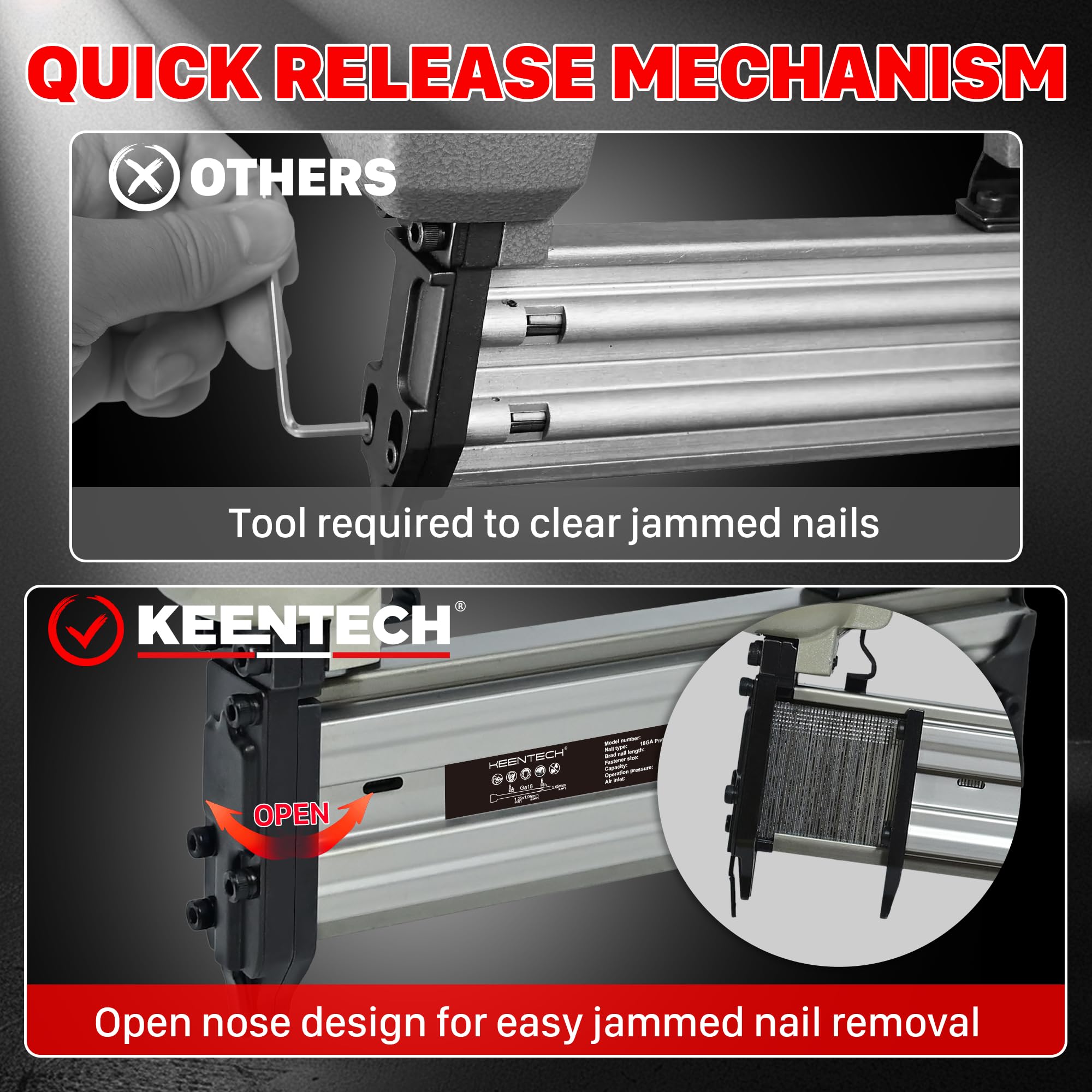 KEENTECH 18 Gauge Pneumatic Brad Nailer Kit - Aluminum Open Magazine Design for 5/8