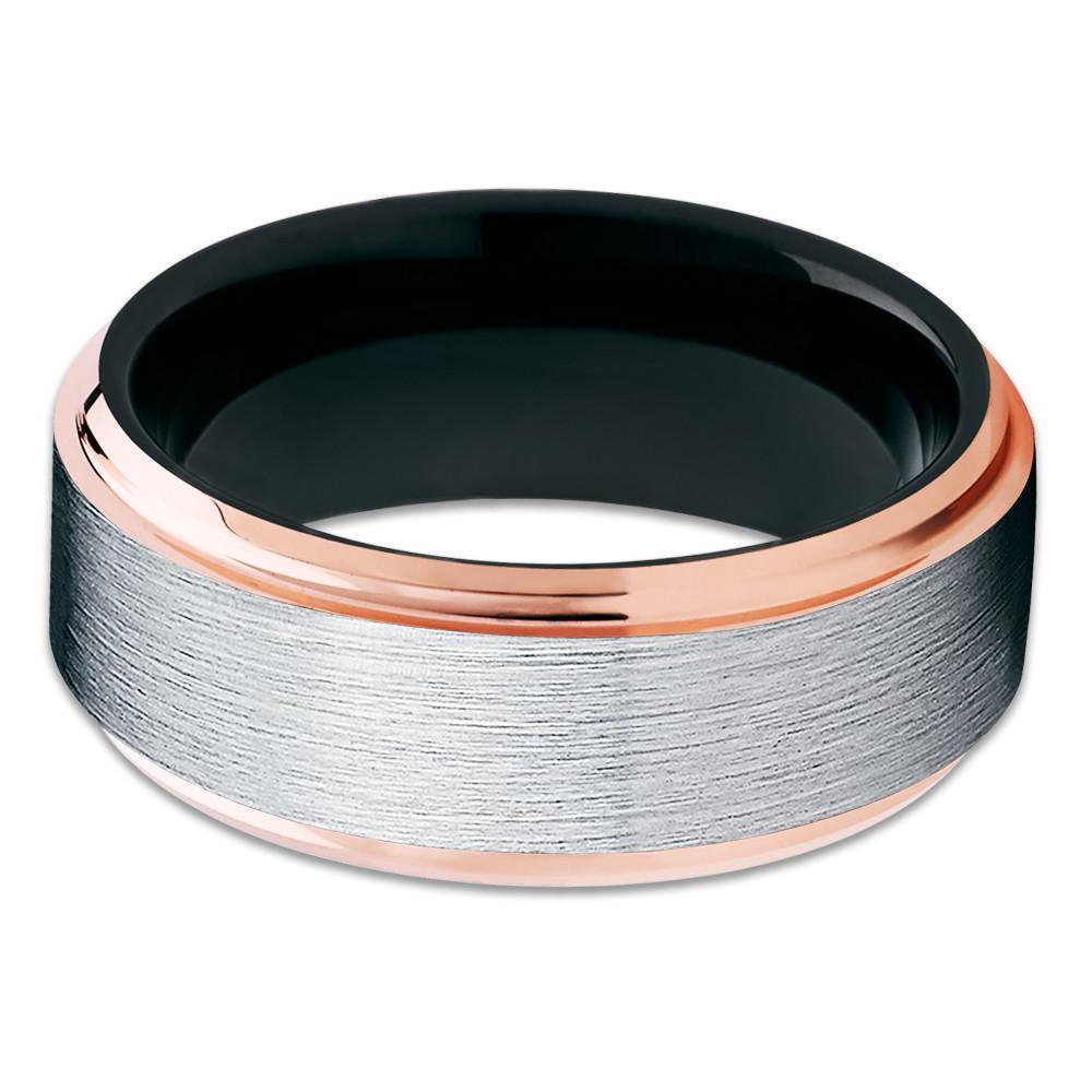 Rose Gold Tungsten Wedding Band for Men & Women - Silver & Black Tungsten Rings - 18K Rose Gold Plated - Comfort Fit Engagement & Anniversary Rings - Perfect for Weddings, Proposals & Couple Gifts