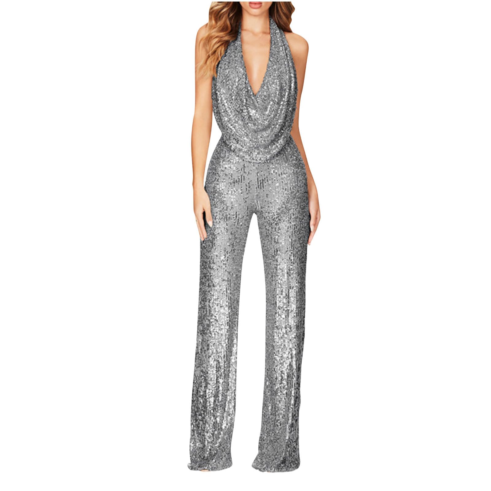 Feancey Women's Sequin Jumpsuit - Sexy Halter V-Neck Overalls, Slim Fit Party Romper with Glitter for Club & Night Out | Perfect for Dancing, Date Night, and Special Occasions