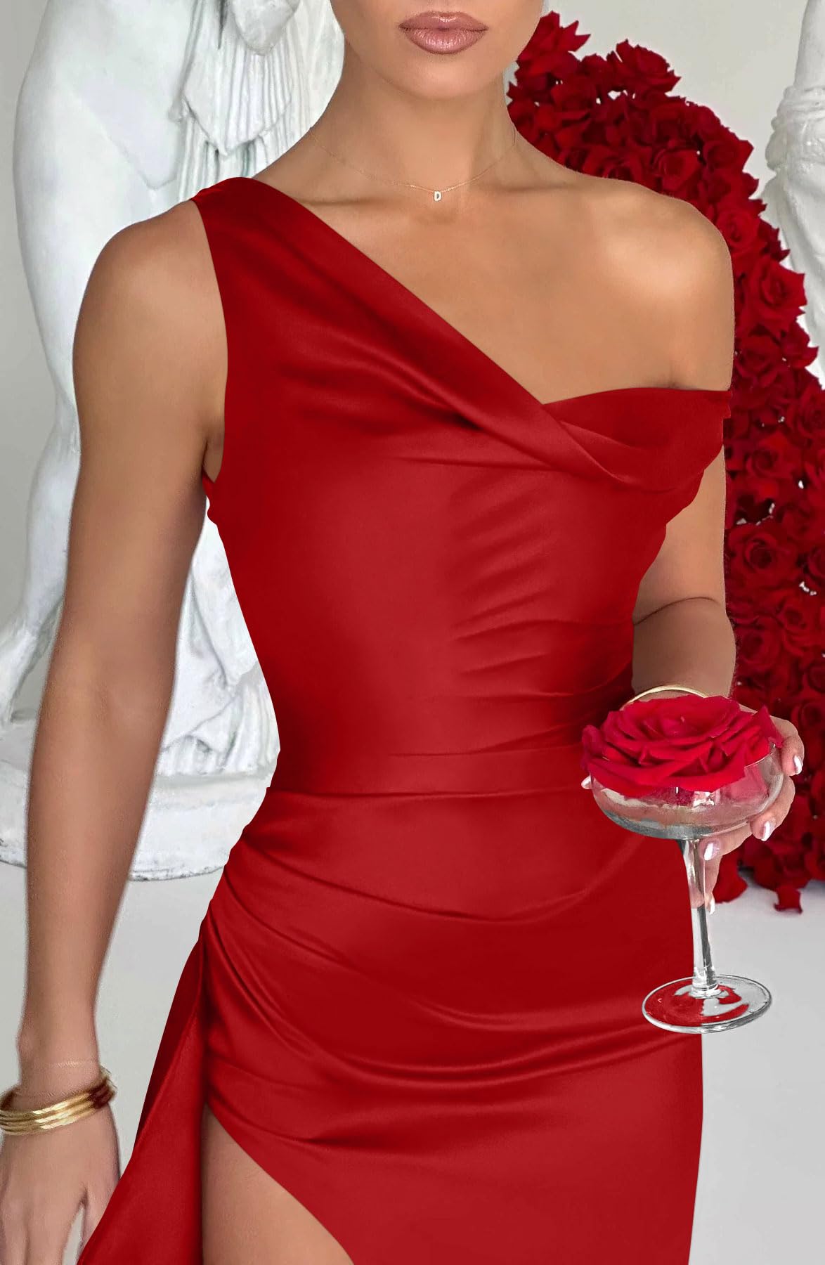 Elegant Satin One Shoulder Evening Gown for Women - Formal Party Maxi Dress with High Slit | Perfect for Prom, Wedding Guest & Cocktail Events