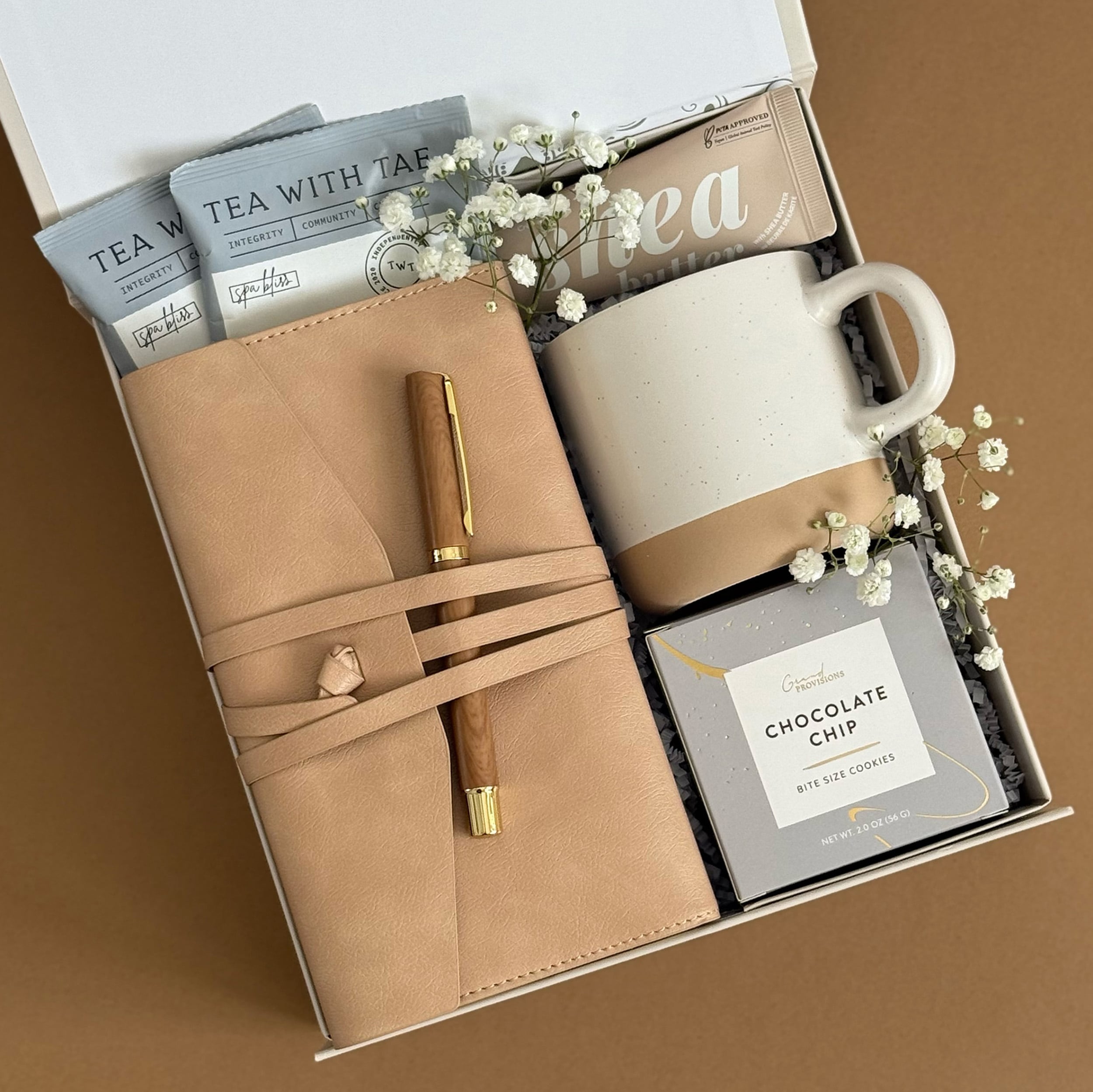 Sweet & Cozy Gift Box Set - Premium Notebook, Ceramic Mug, Herbal Tea & Delicious Treats | Perfect Birthday, Anniversary & Thank You Present for Women & Friends