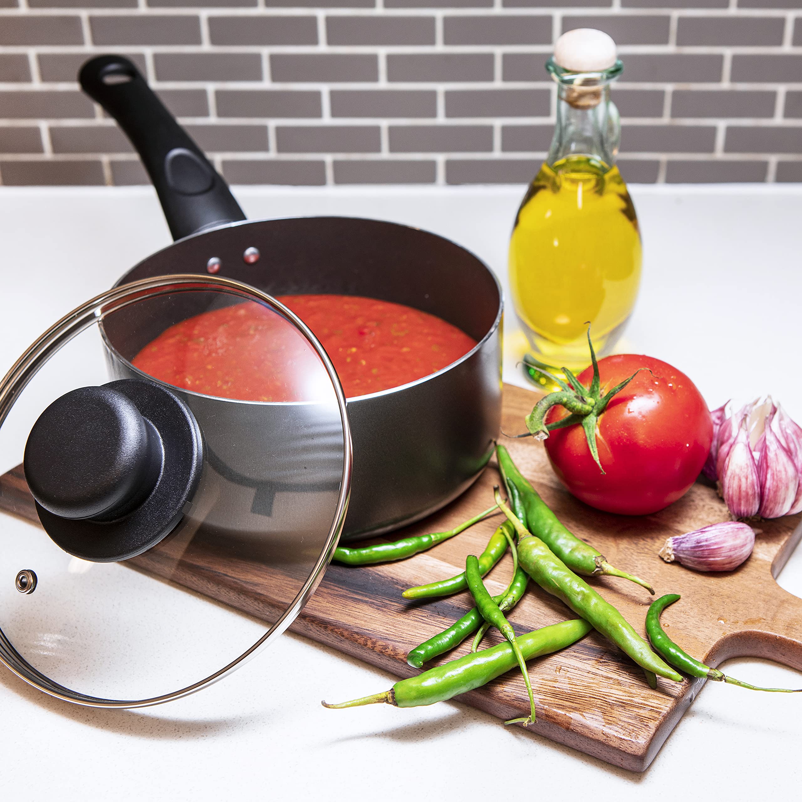 Premium 5-Piece Non-Stick Cookware Set with Glass Lids - 15cm, 18cm, 20cm Sauce Pans & Frying Pan - 43x26x18cm Black Sapphire Collection - Perfect for Baking, Frying & Everyday Cooking