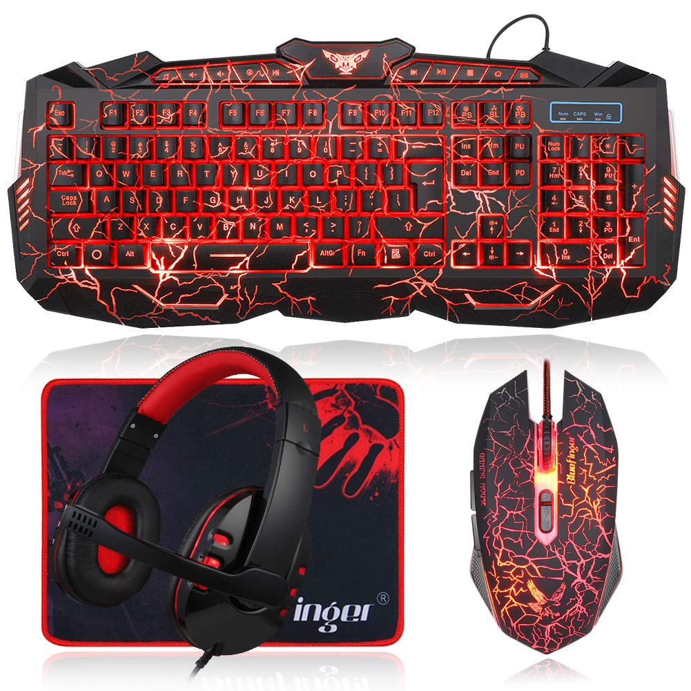 BlueFinger Gaming Combo - Keyboard, Mouse & Headset with LED Backlight for PC Gaming & Work