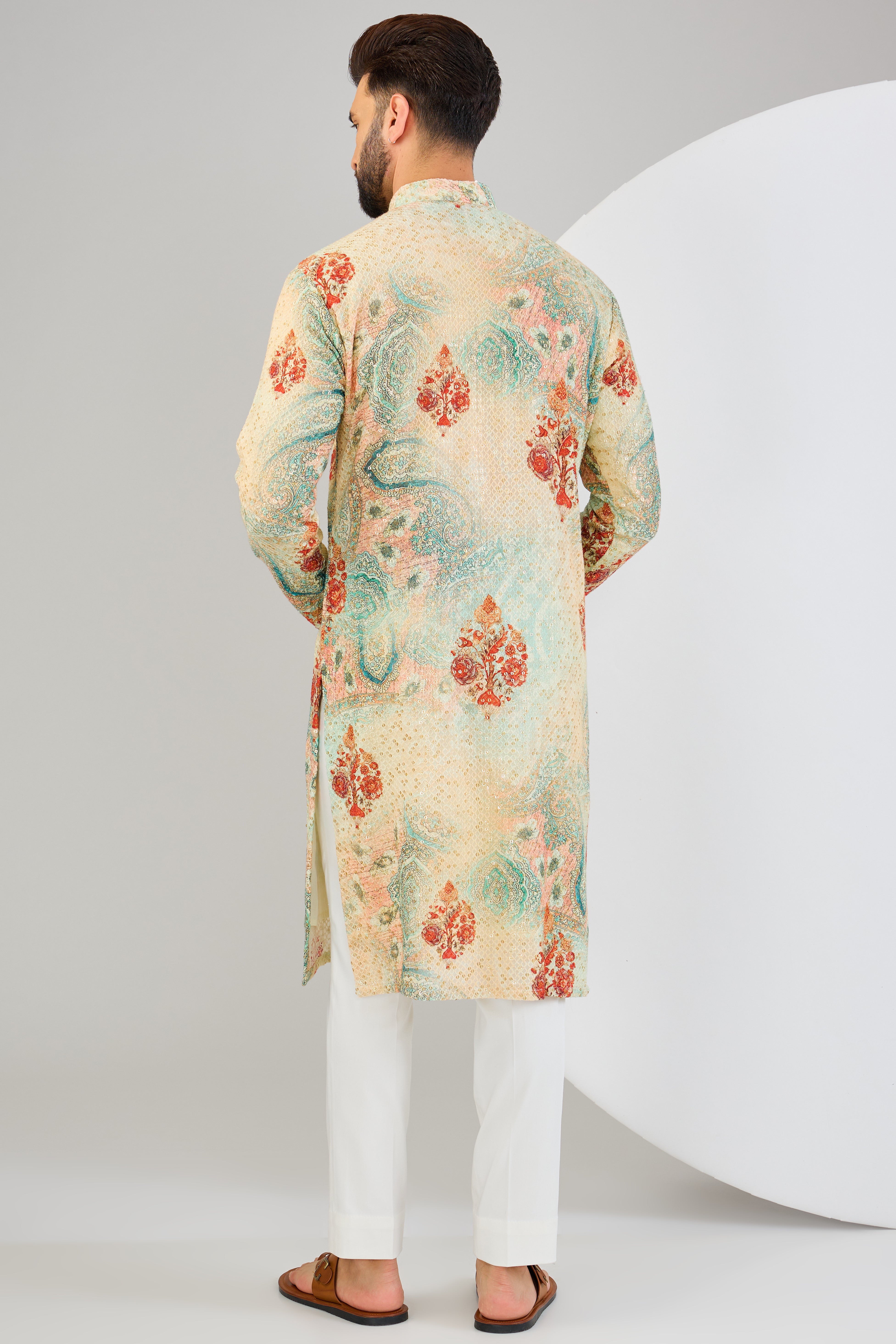 Elegant Multi-Colored Chikankari Kurta with Sequins Embroidery & Kalamkari Print - Perfect for Festivals, Weddings & Ethnic Fashion