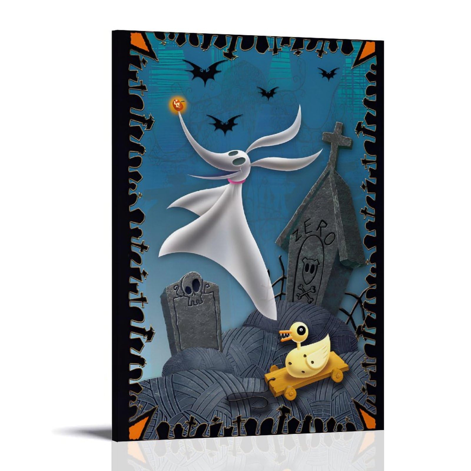 Vintage Halloween Poster - Spooky Scene with Zero & Evil Toy Duck - Halloween Art Studio Decor - Wall Art Canvas Prints (24x36) - Perfect for Room Aesthetic, Halloween Party Decor & Gift