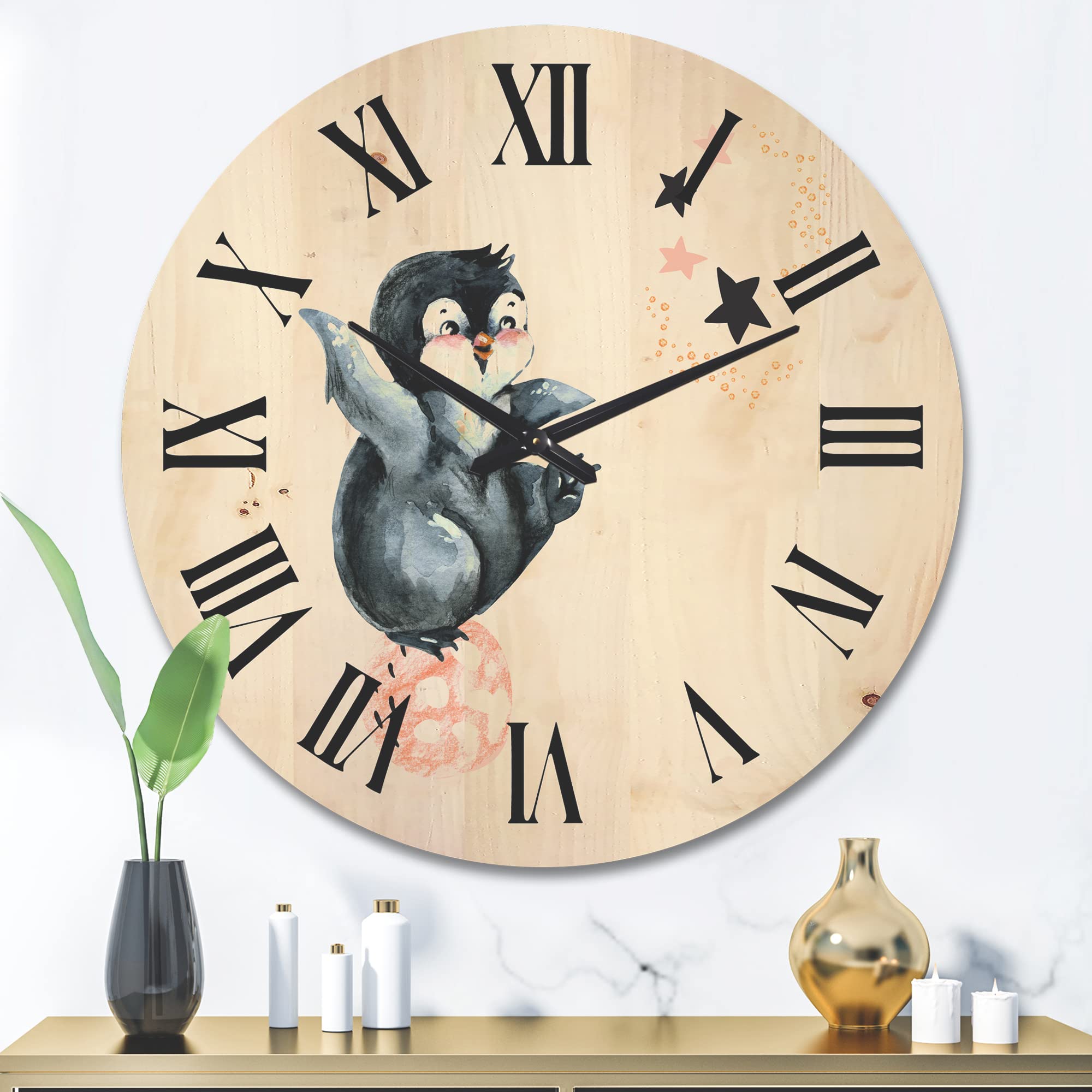 Farmhouse Wood Wall Clock - Large Decorative 'Little Penguin with Planets and Stars II' Oversized Wooden Clock for Living Room, Kitchen, Bedroom Décor | Unique Animal-Themed Wall Art for Home & Office