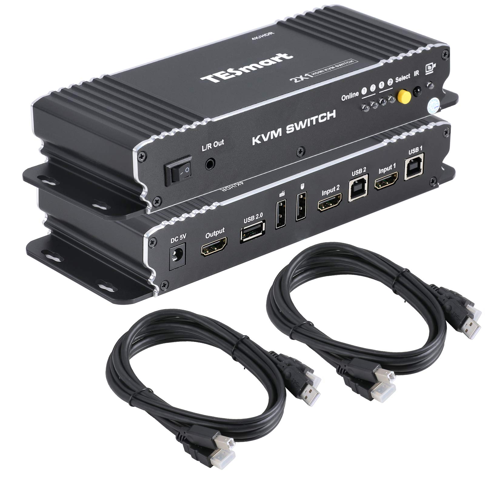 TESmart 2 Port HDMI KVM Switch 4K@60Hz HDCP 2.2 - 2x1 KVM Switcher for 2 Computers with USB 2.0 Support, Includes 2x 1.5m Cables - Perfect for Home Office, Gaming & Server Control (Matte Black)