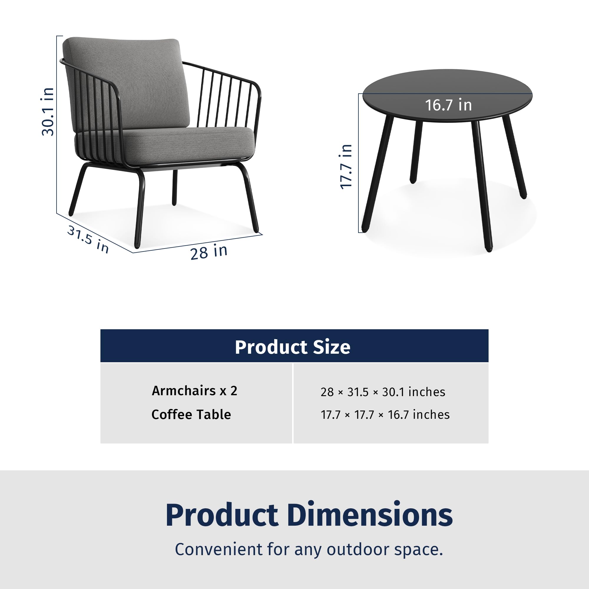EAST OAK 3-Piece Outdoor Patio Furniture Set with Thick Cushions - Modern Black & Grey Bistro Sofa Set with Coffee Table for Balcony, Garden or Backyard - Perfect for Relaxing, Entertaining and Outdoor Dining
