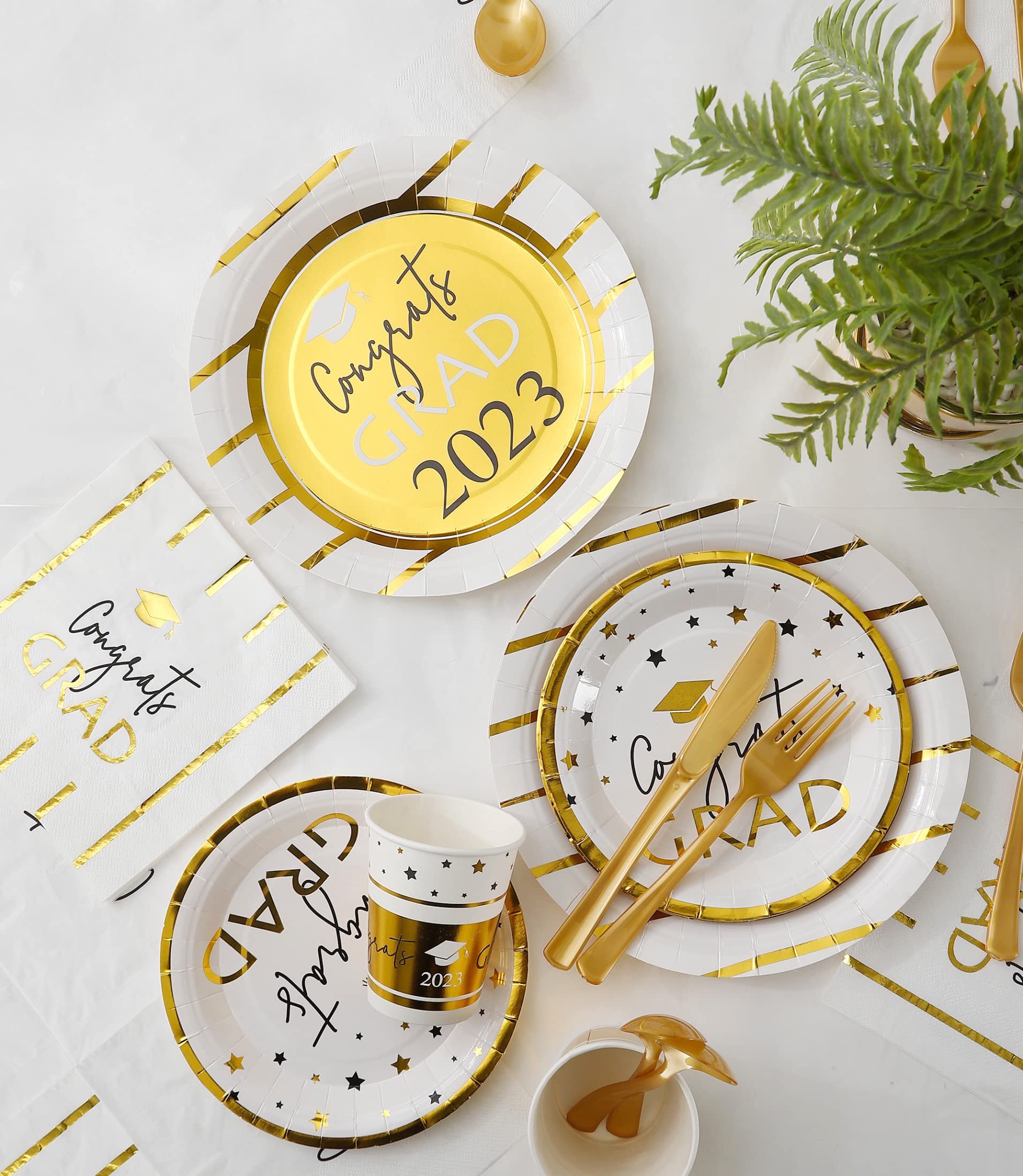 2023 Graduation Party Supplies Set - 16-Piece White & Gold Plates, Napkins, Cups & Cutlery for College Graduation Decorations & Favors - Perfect for Commencement Celebrations, Graduation Dinners & Open House Parties