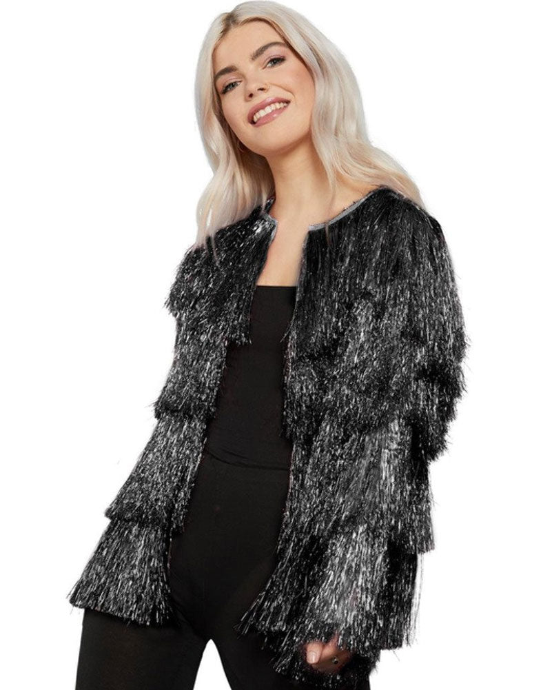 Vintage 70s Tinsel Black Festival Women's Jacket - Retro Disco Party Outfit for Women - Perfect for Halloween, Costume Parties & Themed Events