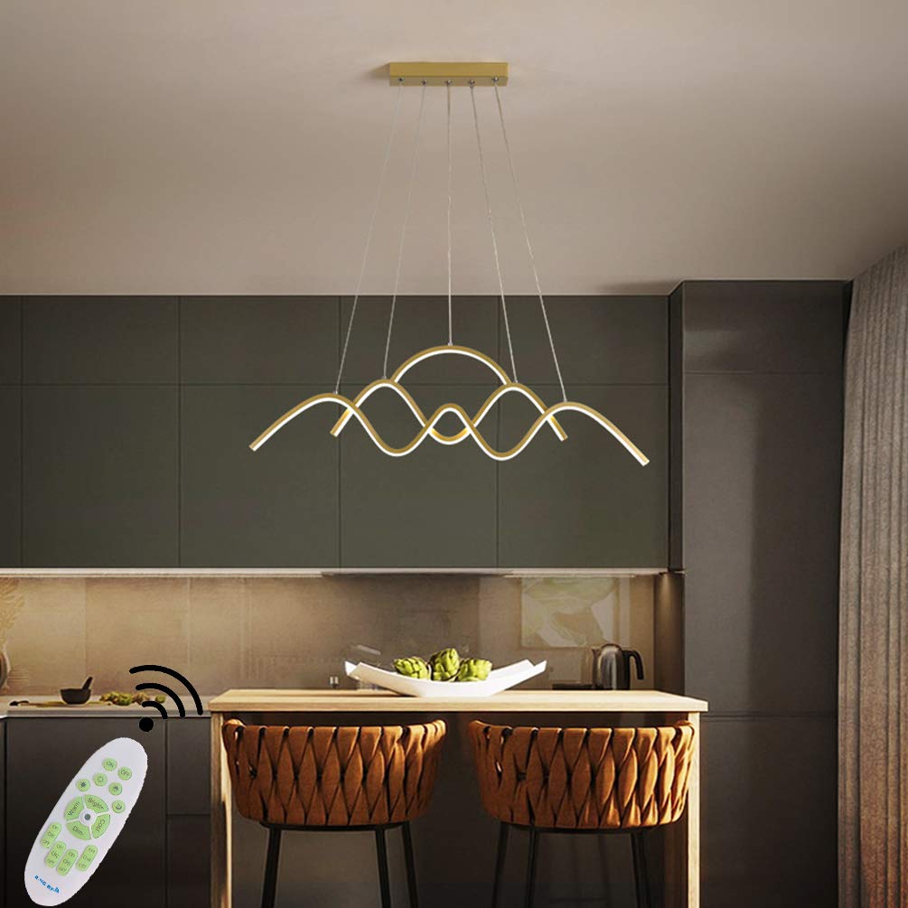 Modern LED Dimmable Chandelier with Remote Control - Gold Kitchen Island & Dining Room Ceiling Light Fixture, Flush Mount Hanging Lamp for Living Room Bedroom Bathroom Decor | Perfect for Home Dining Areas, Kitchen Islands & Open-Concept Spaces