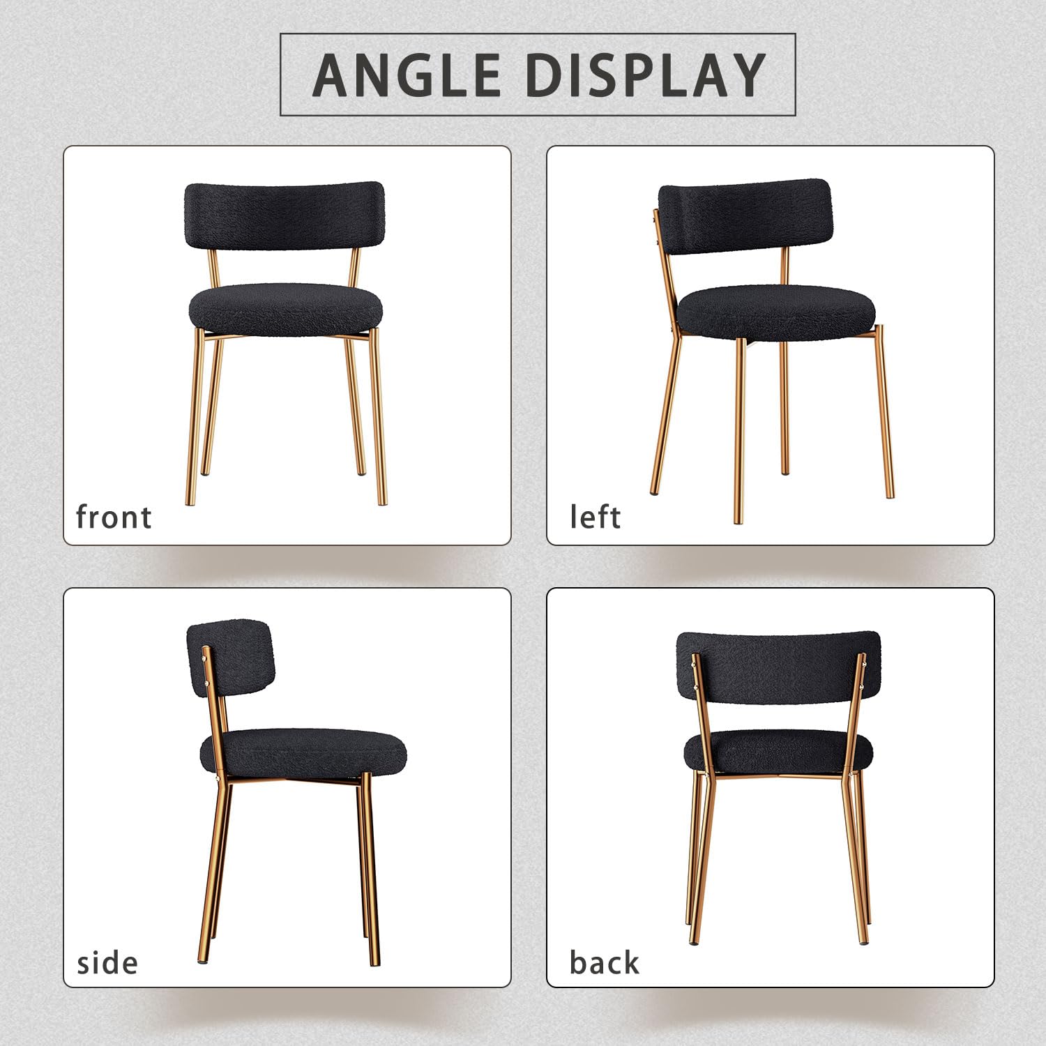 Modern Dining Chairs Set of 4 - Round Upholstered Boucle Sherpa Kitchen Chairs with Curved Backrest & Gold Metal Legs - Mid Century Black Dining Room Chairs for Home, Restaurant, Cafe & Office Use