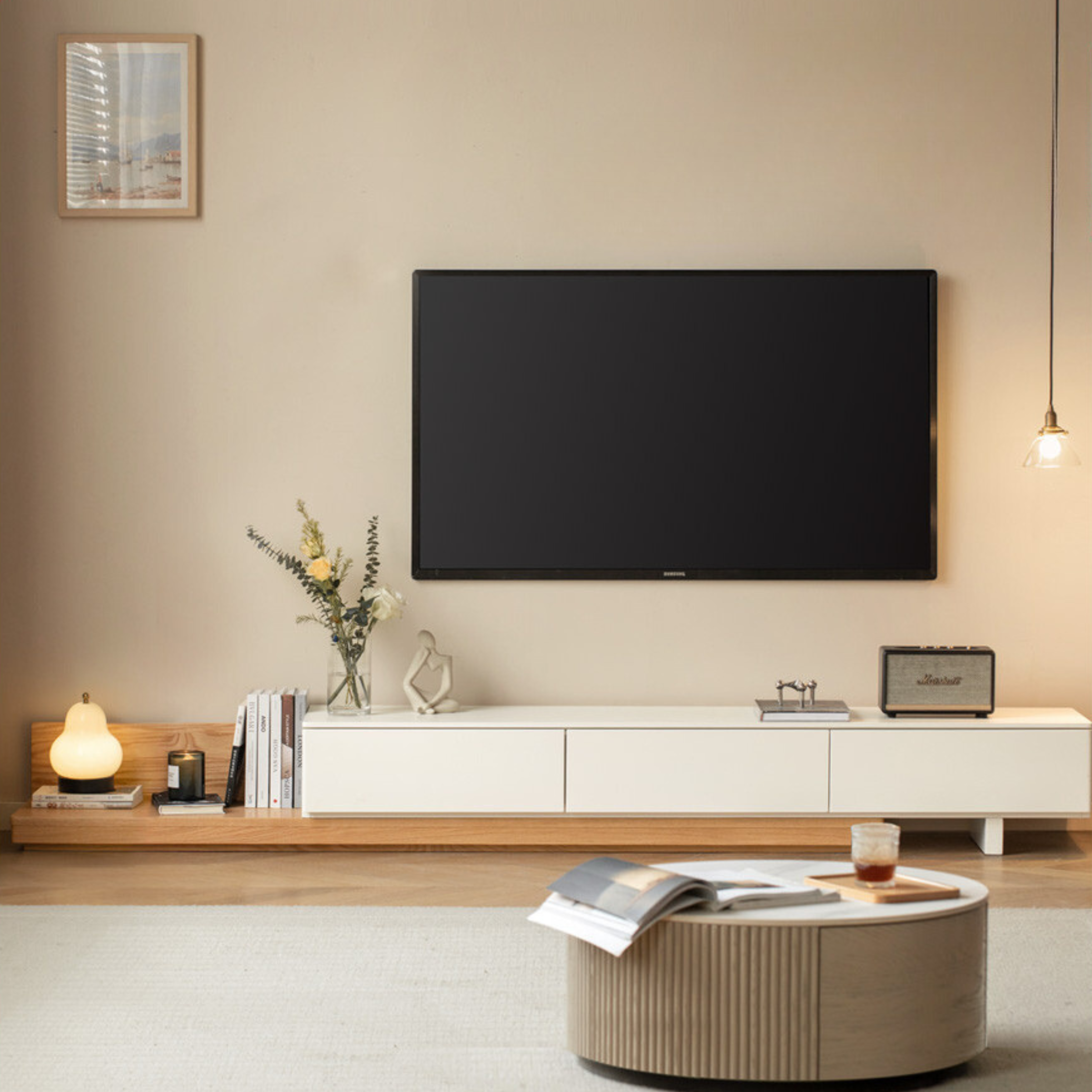 Solid Oak & Poplar Wood Retractable TV Stand Floor Cabinet - Modern TV Console for Living Room, Bedroom & Home Theater